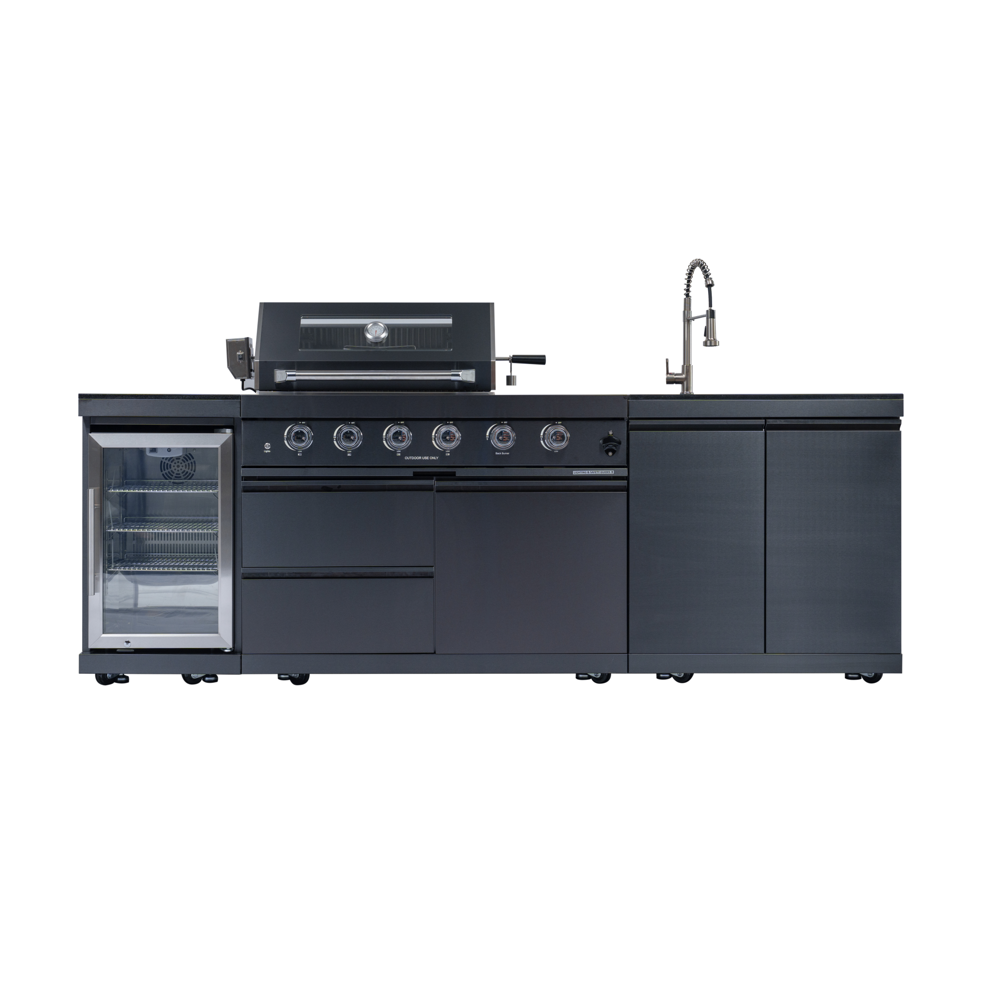 98-inch island with: 46-Inch 4-Burner 72000 BTU Deluxe Stainless Steel Gas Outdoor Kitchen Bar Barbecue Island Grill + Wine Cooler Compact Refrigerator + Rotisserie kit + Granite Countertops + Stainless steel Sink
