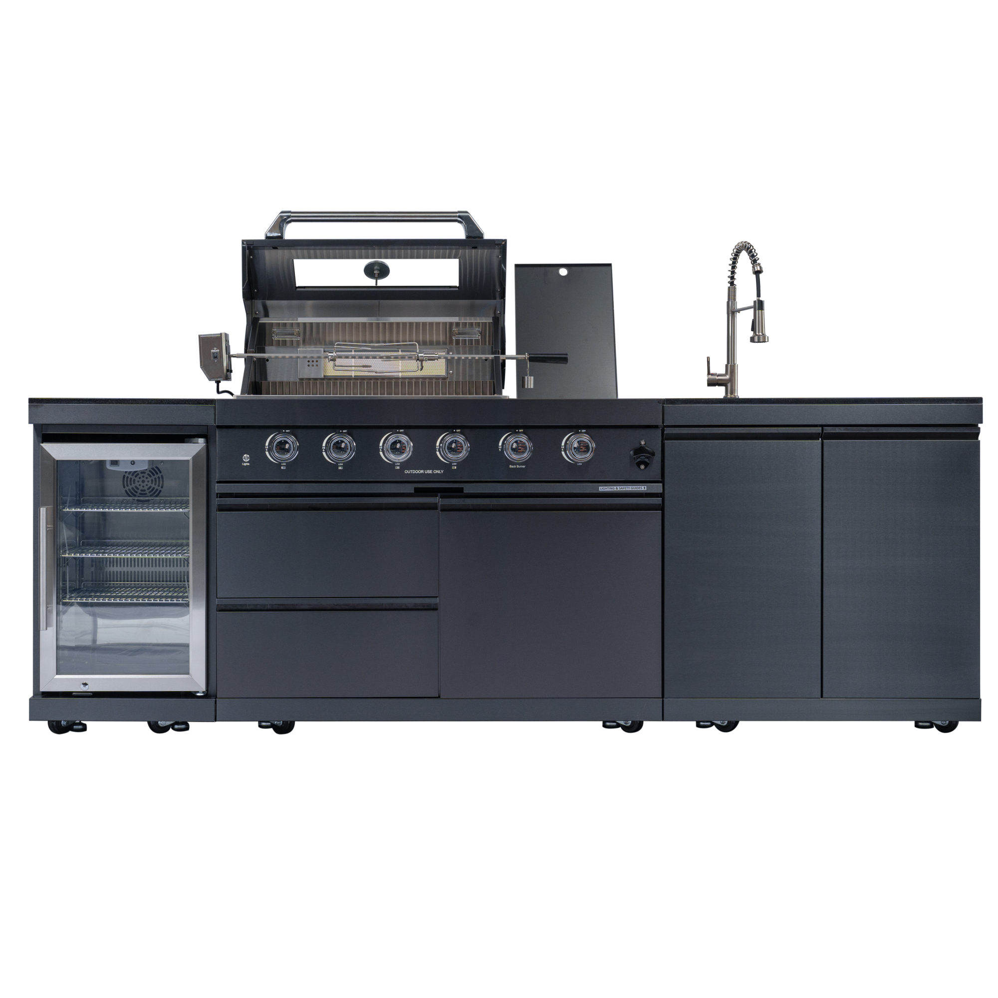 98-inch island with: 46-Inch 4-Burner 72000 BTU Deluxe Stainless Steel Gas Outdoor Kitchen Bar Barbecue Island Grill + Wine Cooler Compact Refrigerator + Rotisserie kit + Granite Countertops + Stainless steel Sink