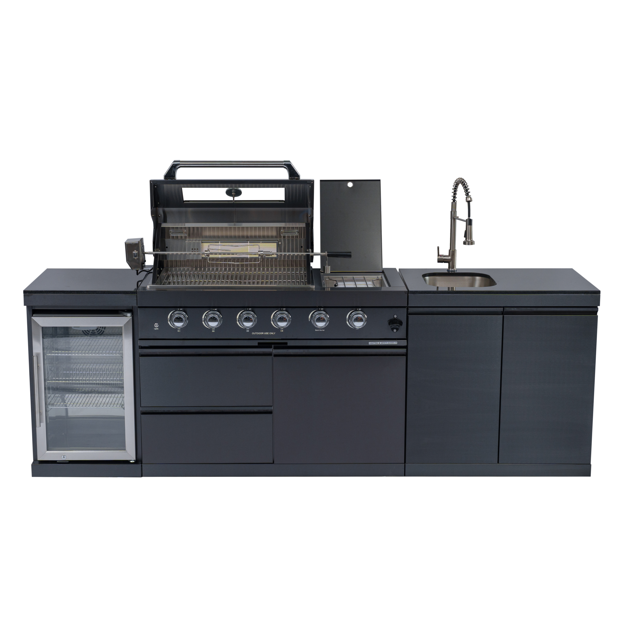 98-inch island with: 46-Inch 4-Burner 72000 BTU Deluxe Stainless Steel Gas Outdoor Kitchen Bar Barbecue Island Grill + Wine Cooler Compact Refrigerator + Rotisserie kit + Granite Countertops + Stainless steel Sink