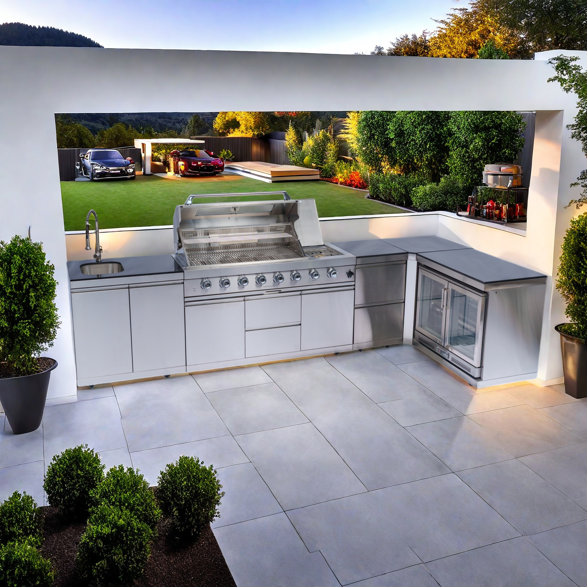 62-Inch 6-Burner 96000 BTU Deluxe Stainless Steel Gas Outdoor Kitchen Bar Barbecue Island Grill + Wine Cooler Compact Refrigerator + Rotisserie + Granite Countertops + Storage Cabinets & Drawers