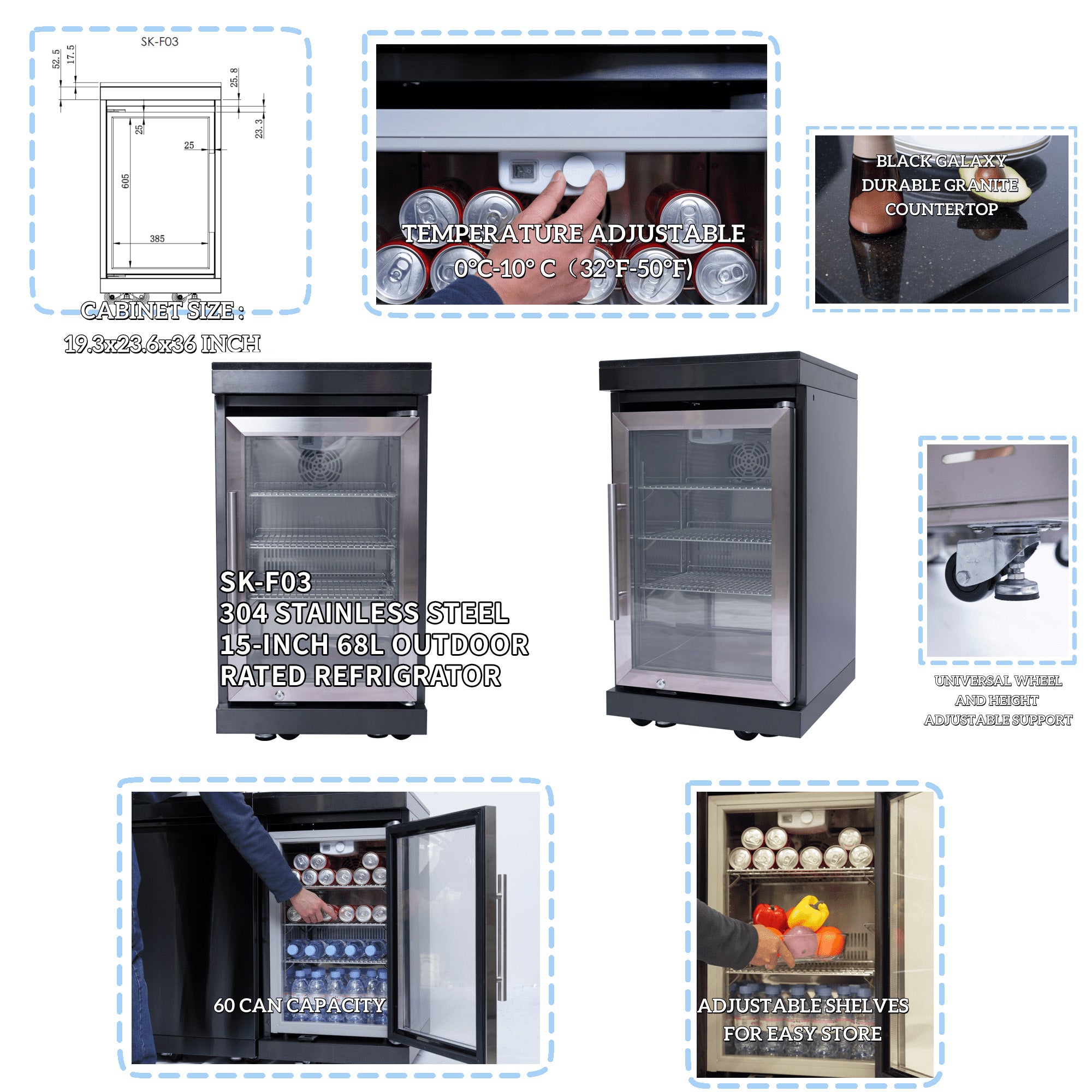 43-Inch 6-Burner 85000 BTU Deluxe Stainless Steel Gas Outdoor Kitchen Bar Barbecue Island Grill + Wine Cooler Compact Refrigerator + Rotisserie kit + Granite Countertops + Stainless steel Sink
