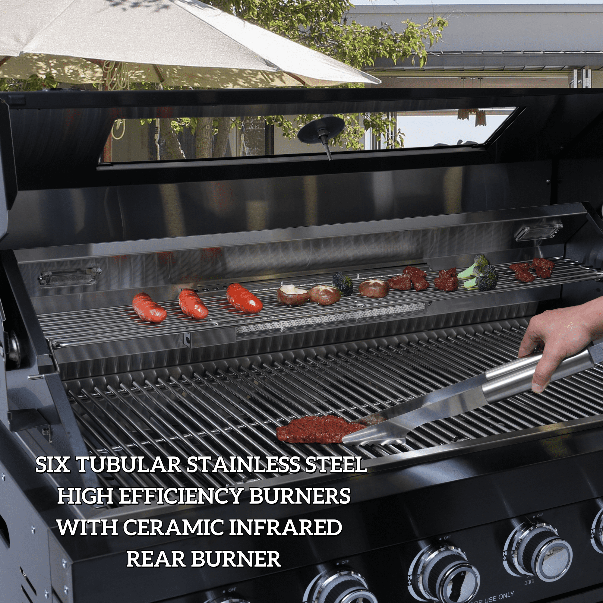 43-Inch 6-Burner 85000 BTU Deluxe Stainless Steel Gas Outdoor Kitchen Bar Barbecue Island Grill + Wine Cooler Compact Refrigerator + Rotisserie kit + Granite Countertops + Stainless steel Sink