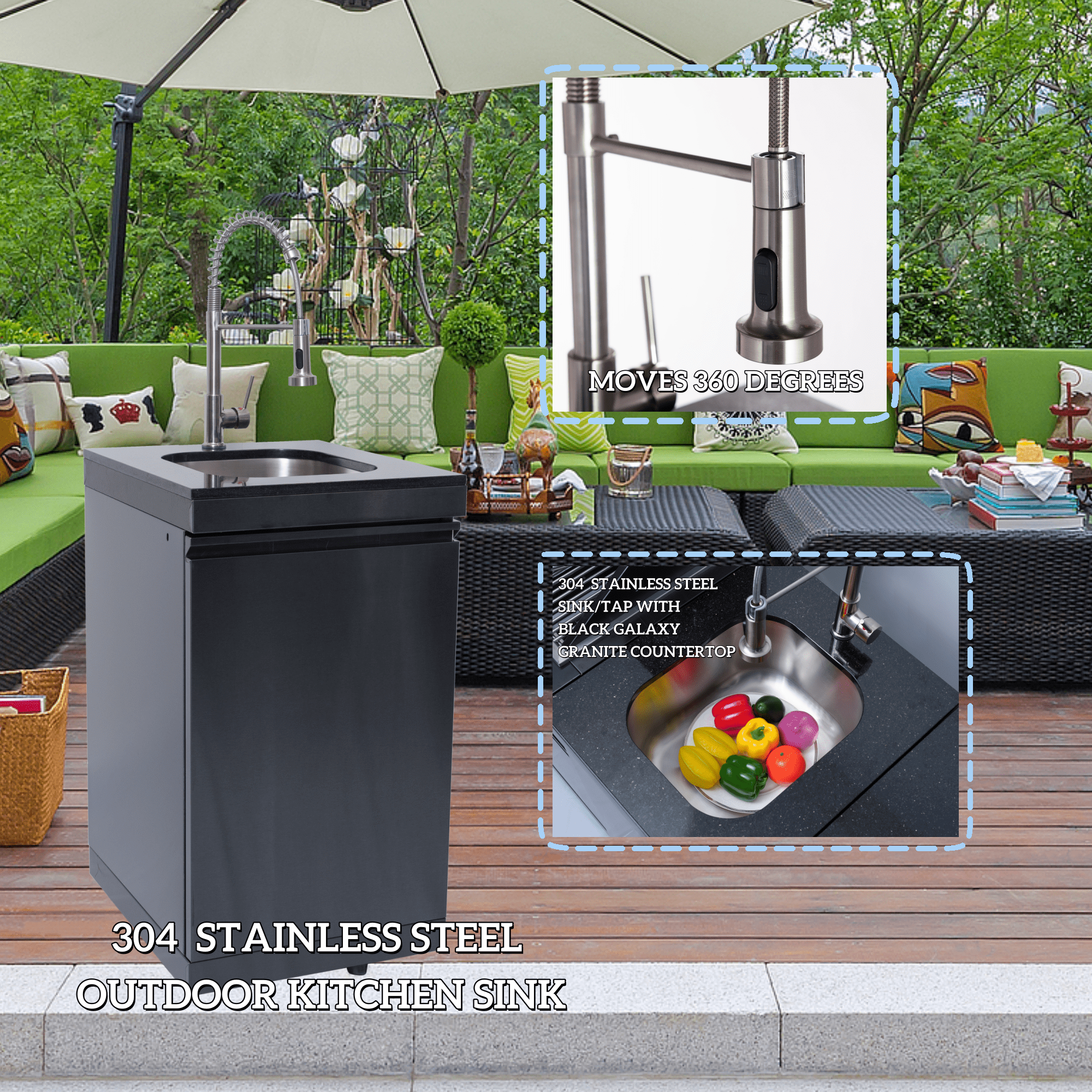43-Inch 6-Burner 85000 BTU Deluxe Stainless Steel Gas Outdoor Kitchen Bar Barbecue Island Grill + Wine Cooler Compact Refrigerator + Rotisserie kit + Granite Countertops + Stainless steel Sink