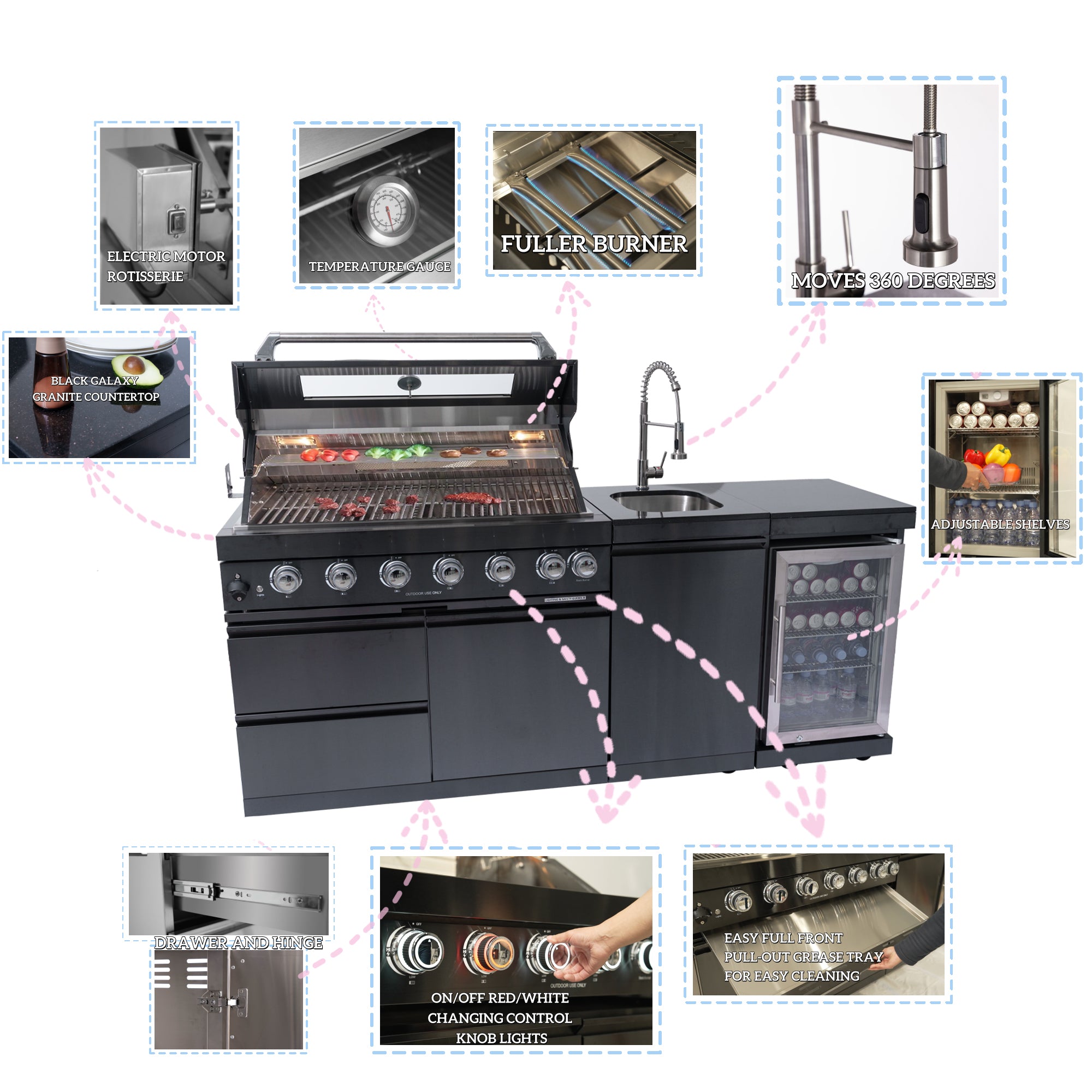 43-Inch 6-Burner 85000 BTU Deluxe Stainless Steel Gas Outdoor Kitchen Bar Barbecue Island Grill + Wine Cooler Compact Refrigerator + Rotisserie kit + Granite Countertops + Stainless steel Sink