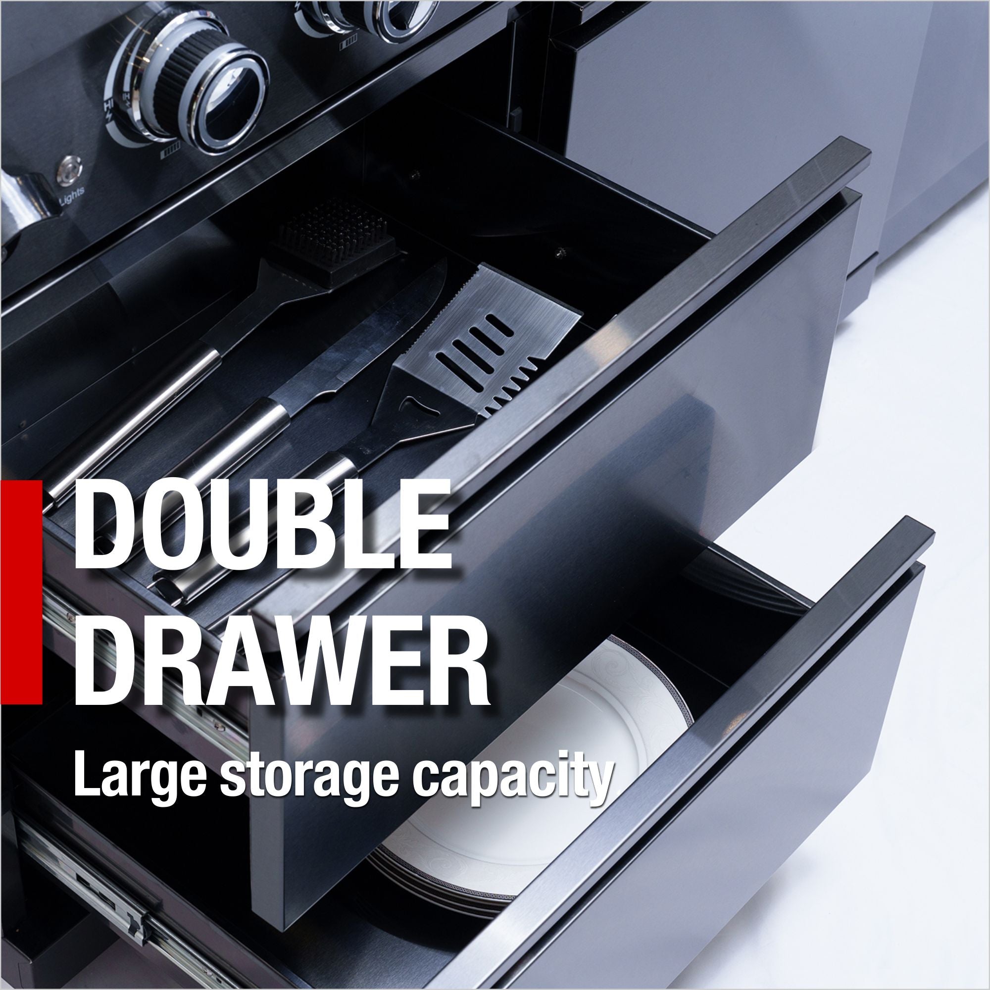 98-inch island with 46-Inch 4-Burner 72000 BTU Deluxe Stainless Steel Gas Outdoor Kitchen Bar Barbecue Island Grill + Wine Cooler Compact Refrigerator + Rotisserie + Granite Countertops + Storage Cabinets & Drawers