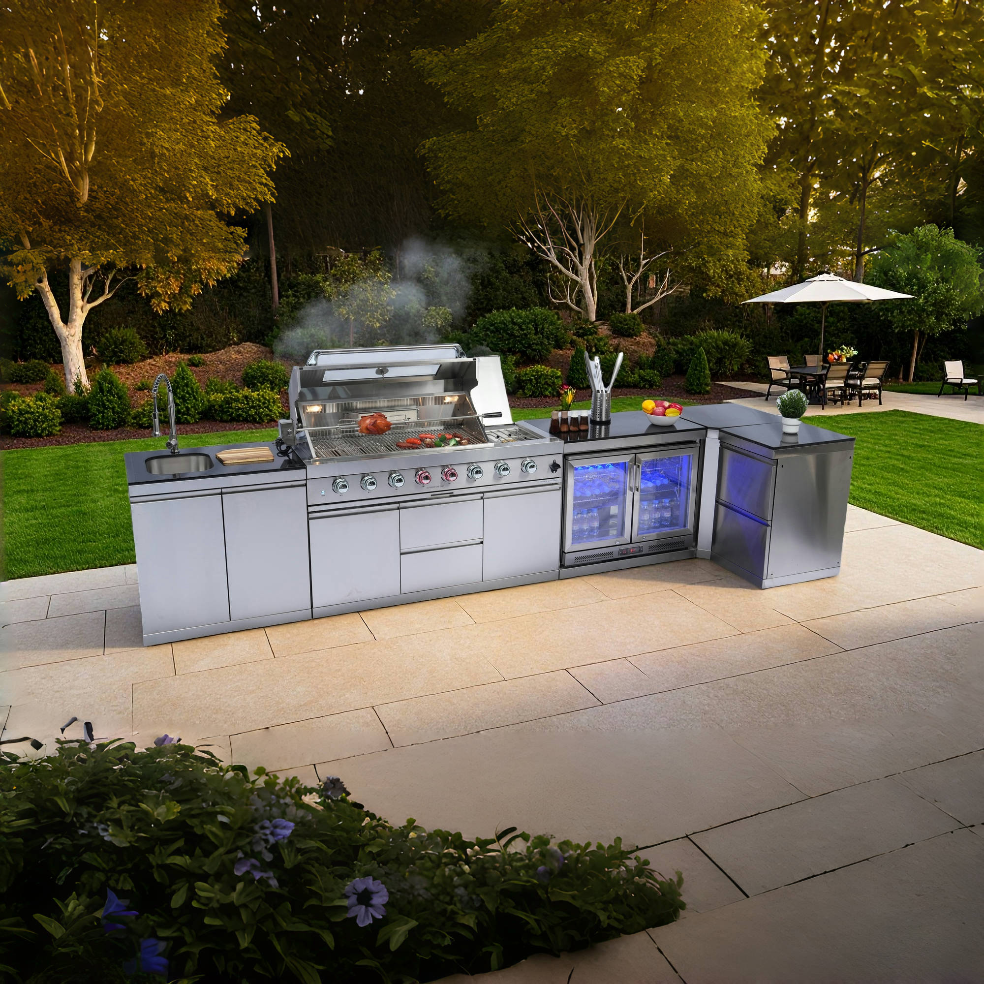 62-Inch 6-Burner 96000 BTU Deluxe Stainless Steel Gas Outdoor Kitchen Bar Barbecue Island Grill + Wine Cooler Compact Refrigerator + Rotisserie + Granite Countertops + Storage Cabinets & Drawers