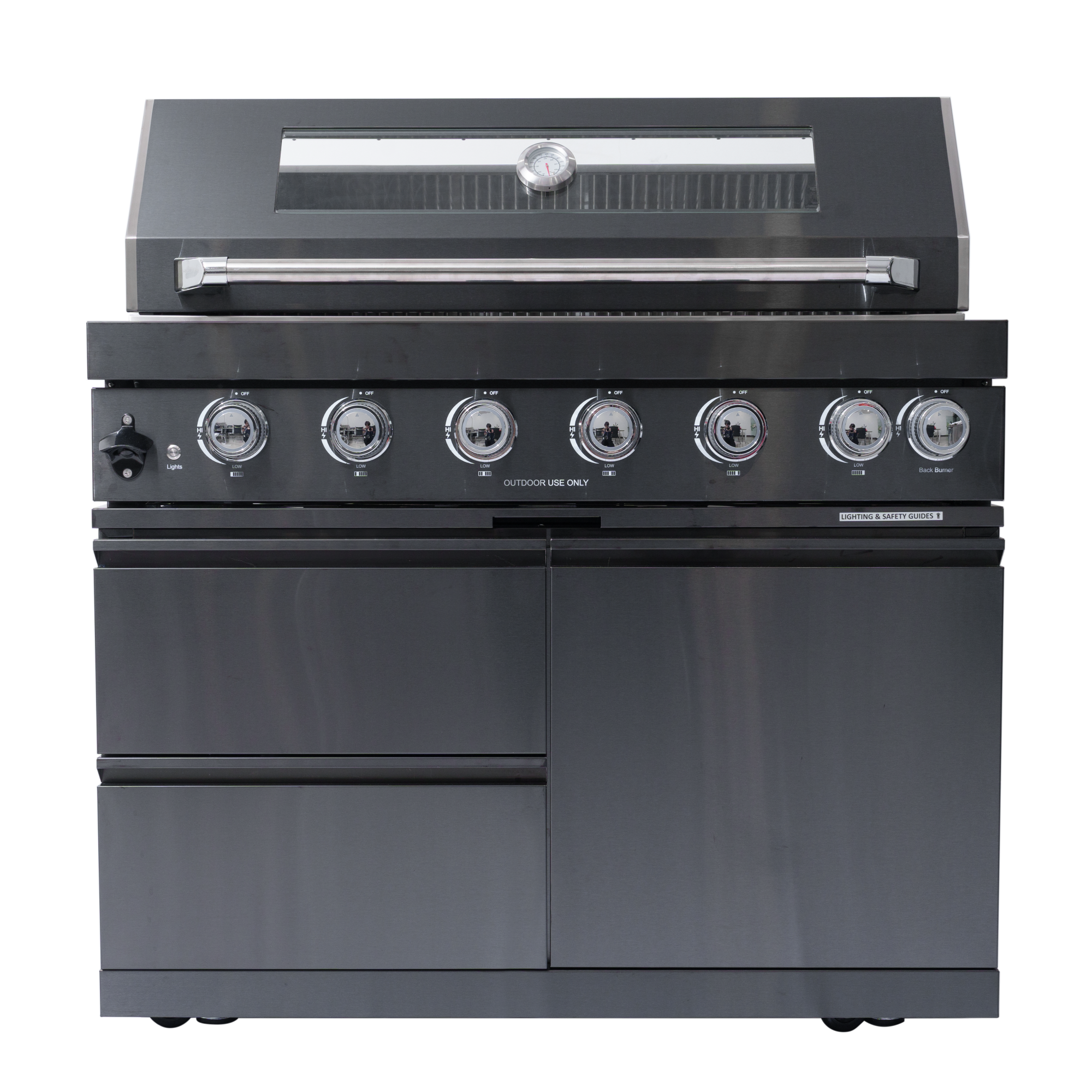 43-Inch 6-Burner 85000 BTU Deluxe Stainless Steel Gas Outdoor Kitchen Bar Barbecue Island Grill + Wine Cooler Compact Refrigerator + Rotisserie kit + Granite Countertops + Stainless steel Sink