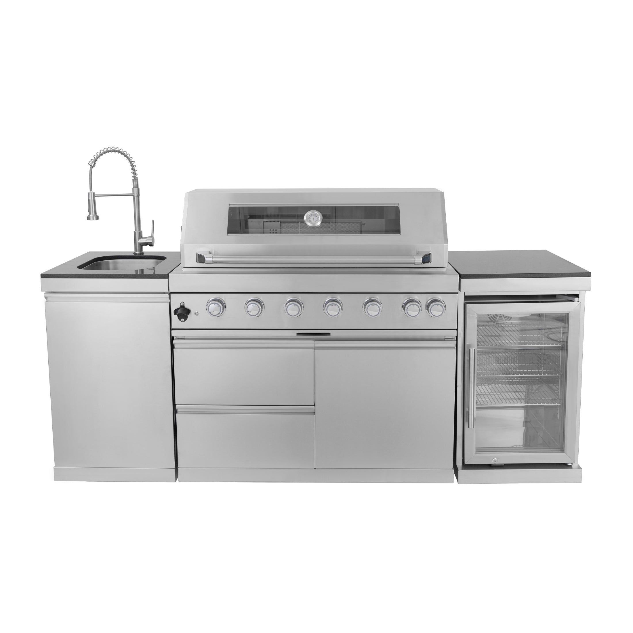 44-Inch 6-Burner 85000 BTU Deluxe Stainless Steel Gas Outdoor Kitchen Bar Barbecue Island Grill + Wine Cooler Compact Refrigerator + Rotisserie + Granite Countertops + Storage Cabinets & Drawers