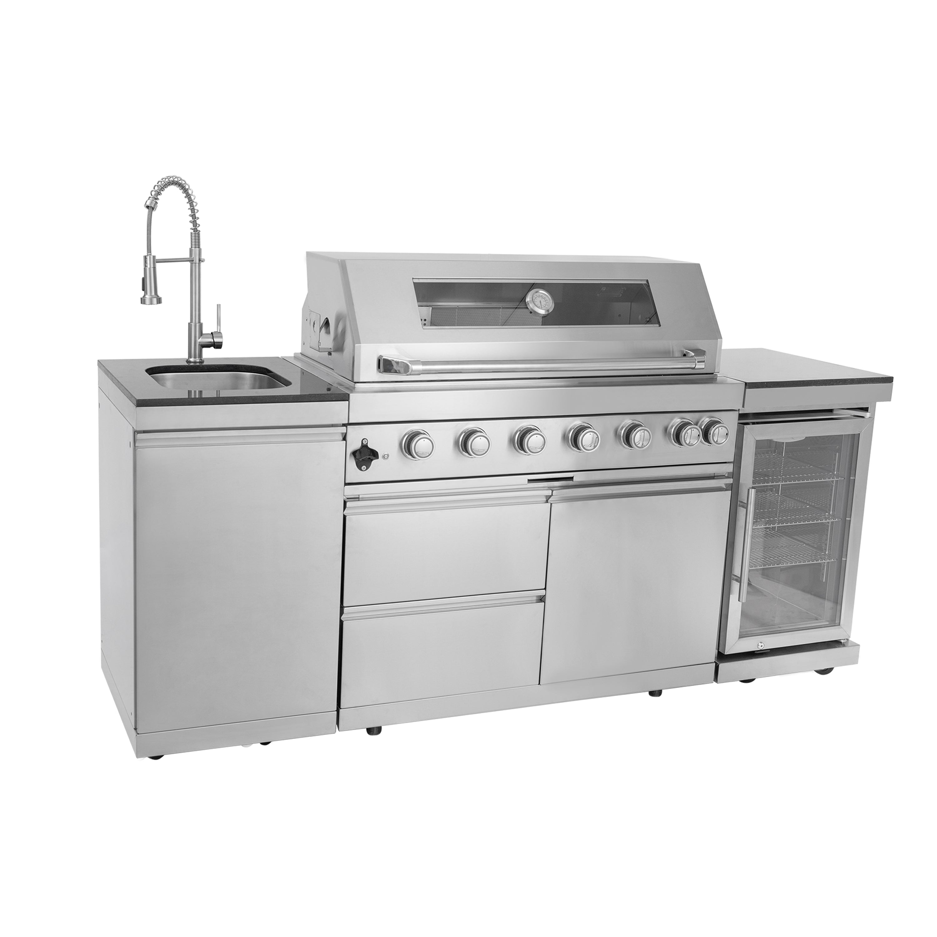 44-Inch 6-Burner 85000 BTU Deluxe Stainless Steel Gas Outdoor Kitchen Bar Barbecue Island Grill + Wine Cooler Compact Refrigerator + Rotisserie + Granite Countertops + Storage Cabinets & Drawers