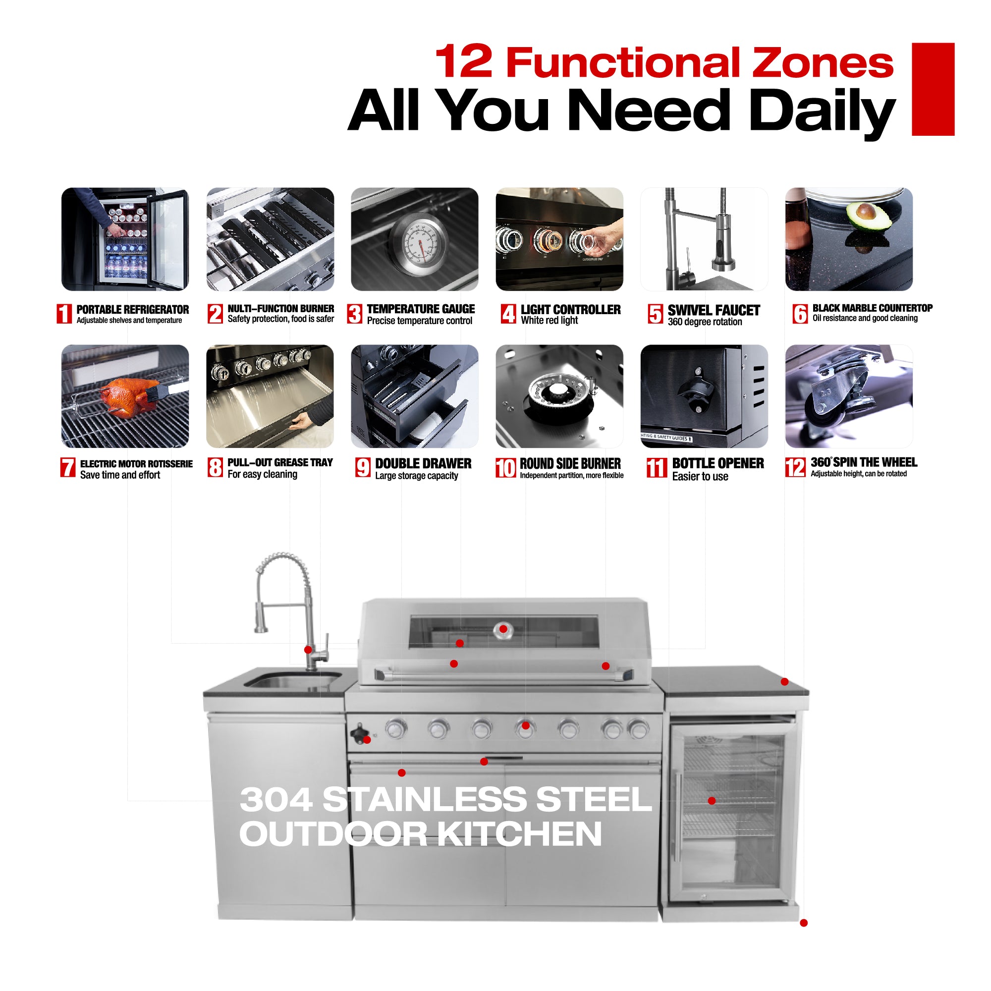 44-Inch 6-Burner 85000 BTU Deluxe Stainless Steel Gas Outdoor Kitchen Bar Barbecue Island Grill + Wine Cooler Compact Refrigerator + Rotisserie + Granite Countertops + Storage Cabinets & Drawers