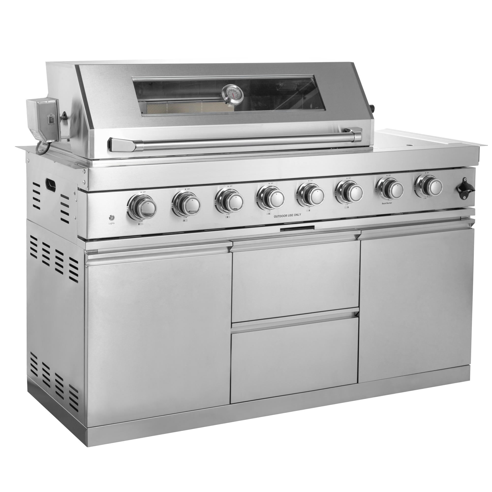 62-Inch 6-Burner 96000 BTU Deluxe Stainless Steel Gas Outdoor Kitchen Bar Barbecue Island Grill + Wine Cooler Compact Refrigerator + Rotisserie + Granite Countertops + Storage Cabinets & Drawers