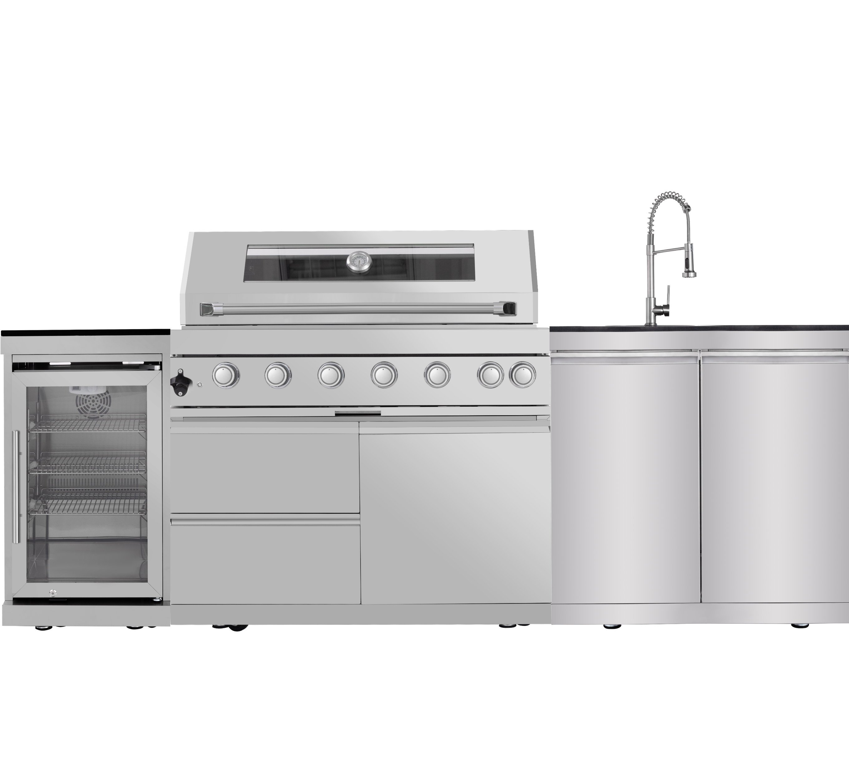 96-inch island with 43-Inch 6-Burner 85000 BTU Deluxe Stainless Steel Gas Outdoor Kitchen Bar Barbecue Island Grill + Wine Cooler Compact Refrigerator + Rotisserie + Granite Countertops + Storage Cabinets & Drawers