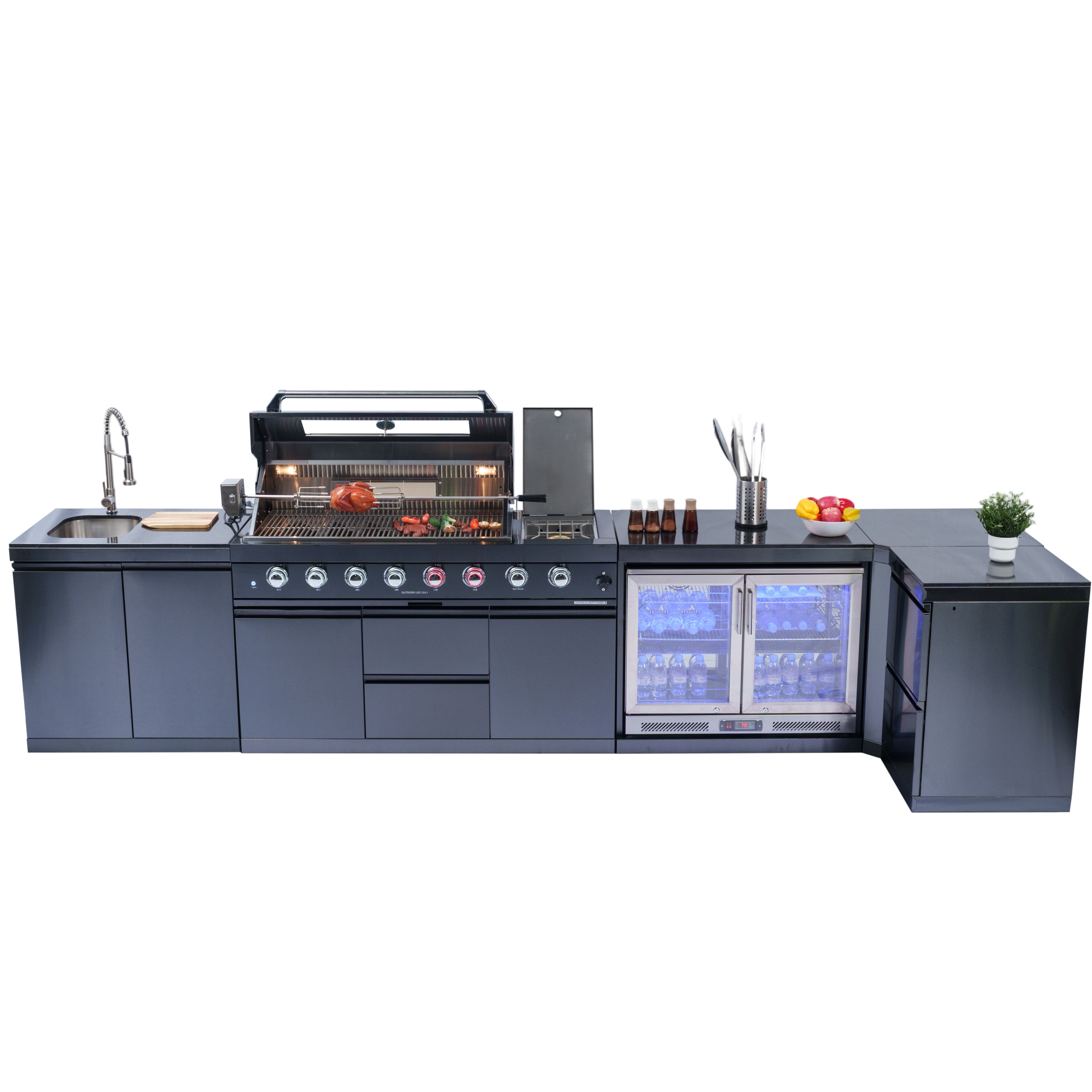 157-inch island with: 62-Inch 6-Burner 96000 BTU Deluxe Stainless Steel Gas Outdoor Kitchen Bar Barbecue Island Grill + Wine Cooler Compact Refrigerator + Rotisserie + Granite Countertops + Storage Cabinets & Drawers