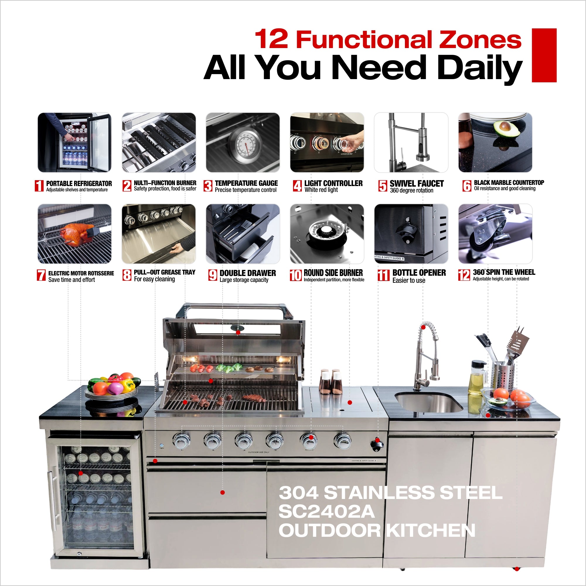 98-inch island with 46-Inch 4-Burner 72000 BTU Deluxe Stainless Steel Gas Outdoor Kitchen Bar Barbecue Island Grill + Wine Cooler Compact Refrigerator + Rotisserie + Granite Countertops + Storage Cabinets & Drawers