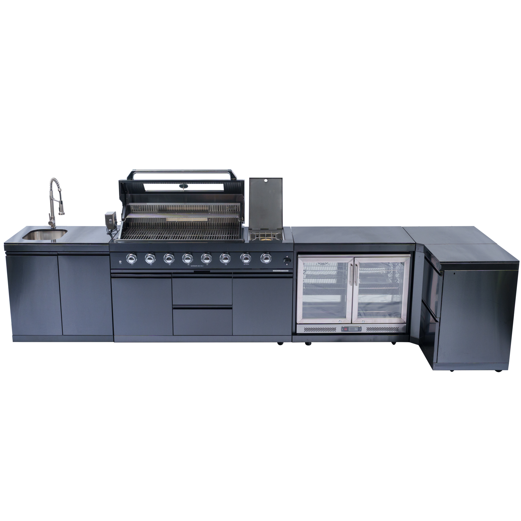 157-inch island with: 62-Inch 6-Burner 96000 BTU Deluxe Stainless Steel Gas Outdoor Kitchen Bar Barbecue Island Grill + Wine Cooler Compact Refrigerator + Rotisserie + Granite Countertops + Storage Cabinets & Drawers