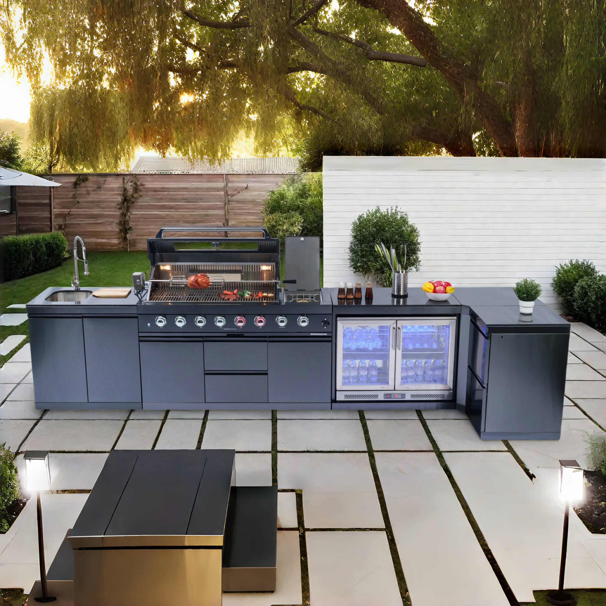 157-inch island with: 62-Inch 6-Burner 96000 BTU Deluxe Stainless Steel Gas Outdoor Kitchen Bar Barbecue Island Grill + Wine Cooler Compact Refrigerator + Rotisserie + Granite Countertops + Storage Cabinets & Drawers