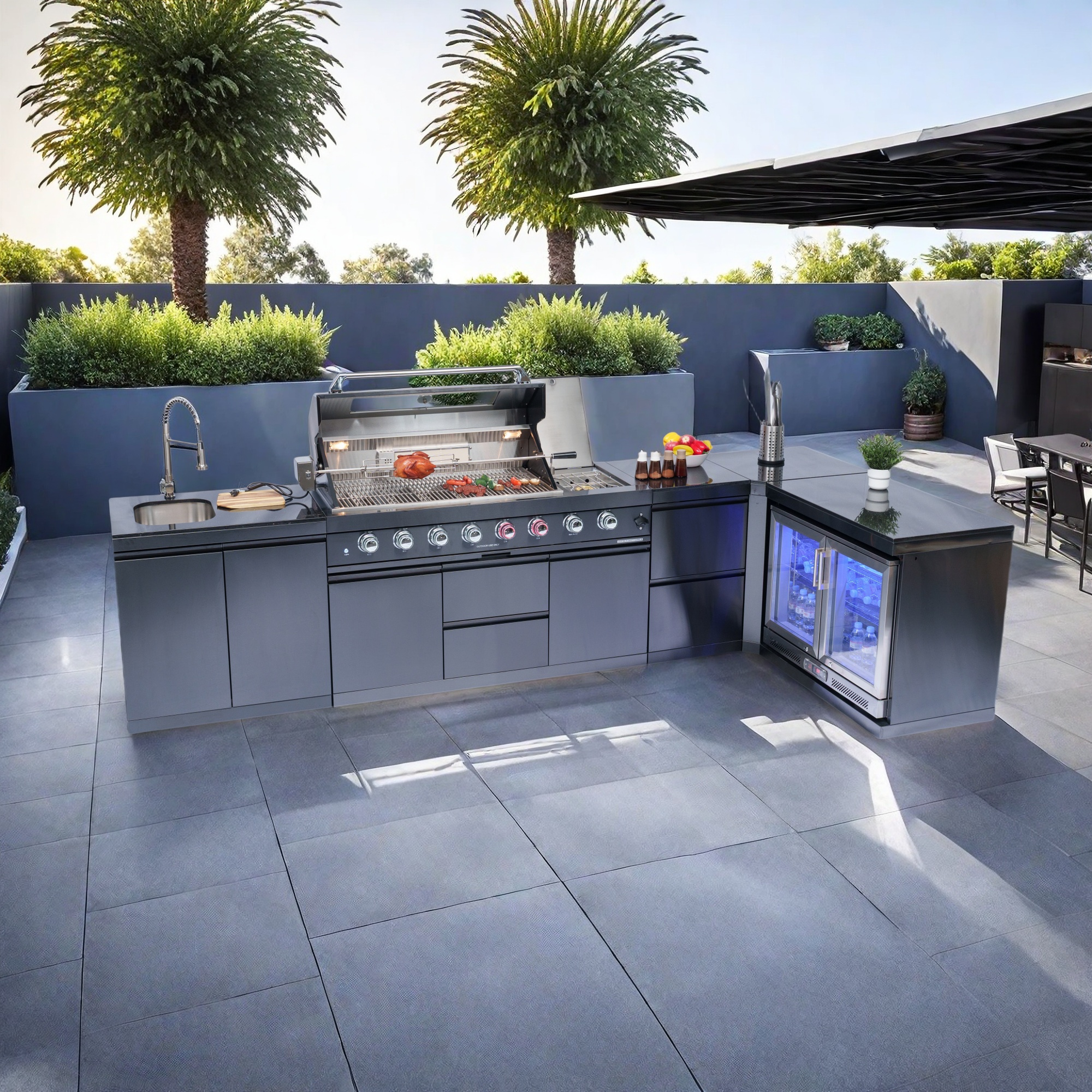 157-inch island with: 62-Inch 6-Burner 96000 BTU Deluxe Stainless Steel Gas Outdoor Kitchen Bar Barbecue Island Grill + Wine Cooler Compact Refrigerator + Rotisserie + Granite Countertops + Storage Cabinets & Drawers
