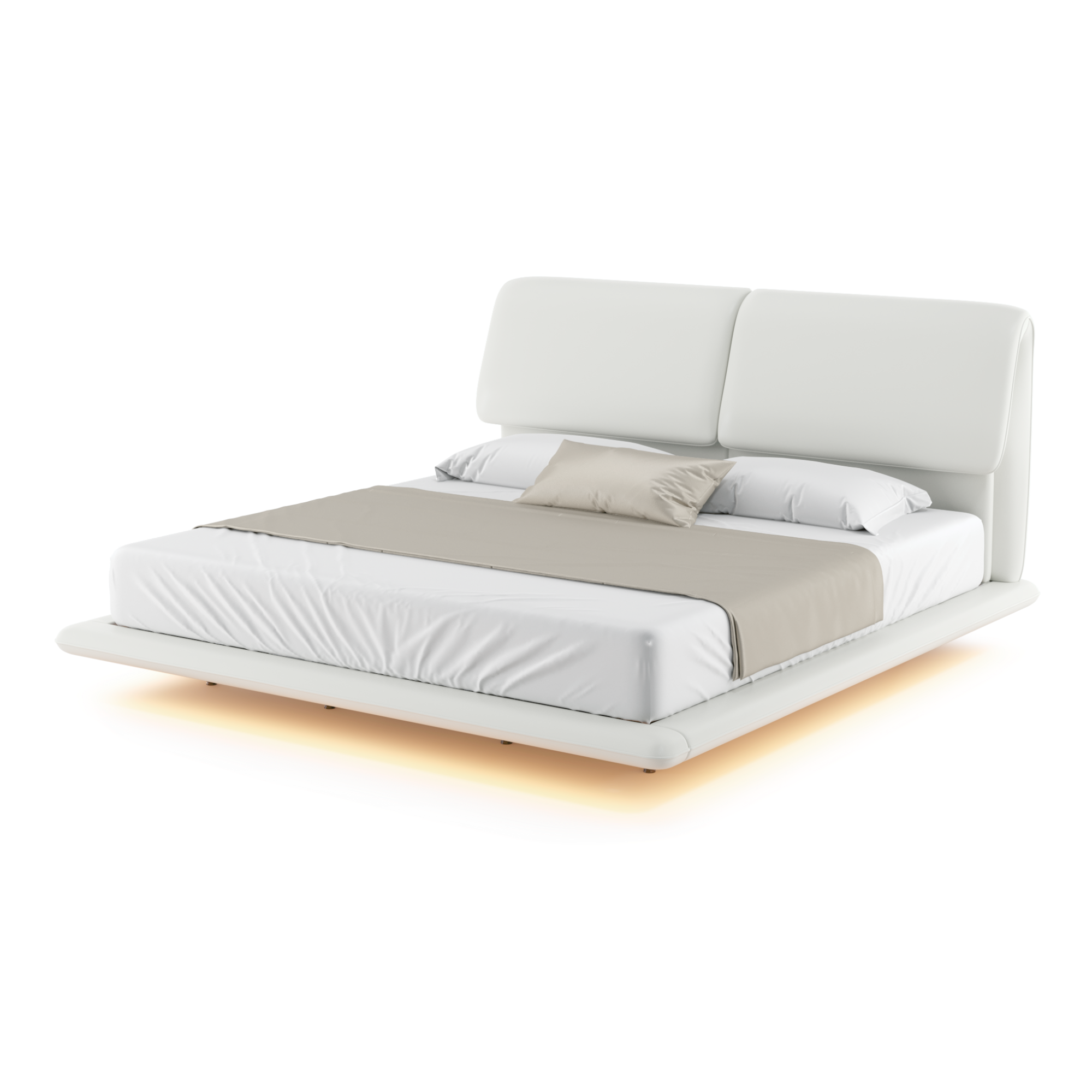 Object A170 Floating LED Bed Frame in Ivory White Top Grain Genuine Leather