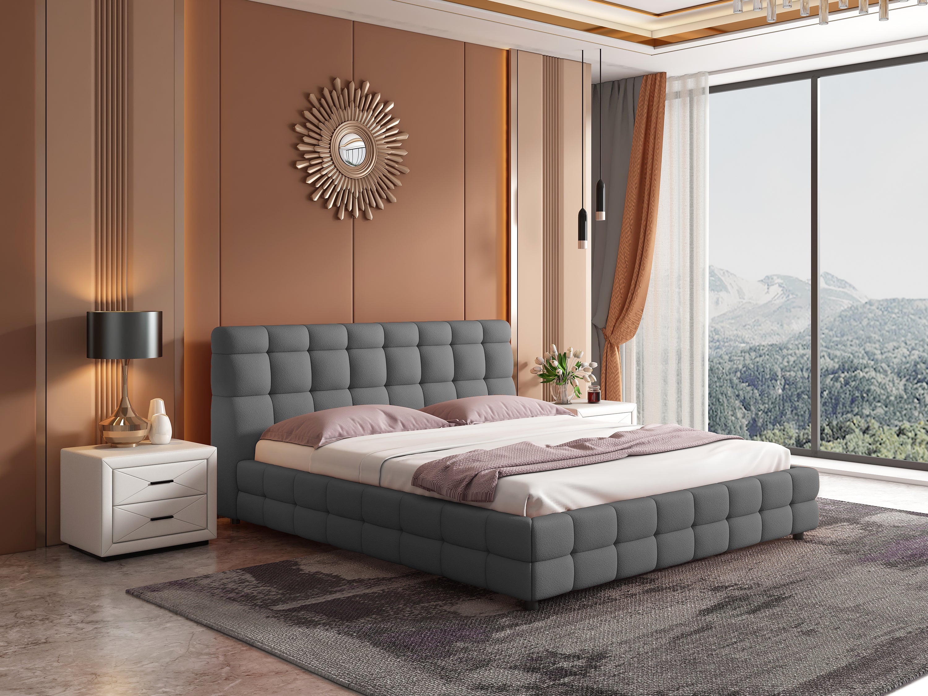 Object A158 Upholstered Bed Frame in Gray Boucle