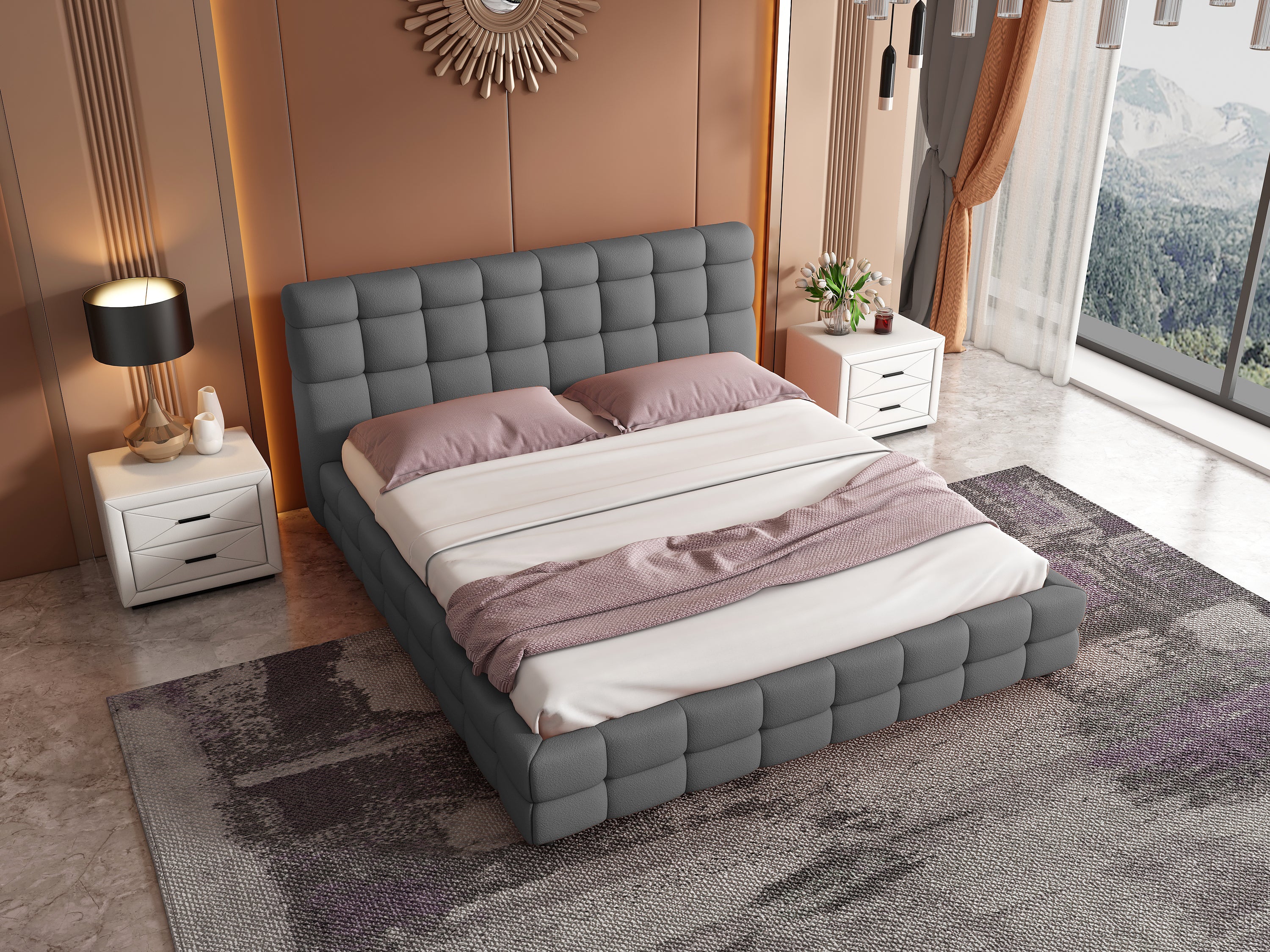 Object A158 Upholstered Bed Frame in Gray Boucle