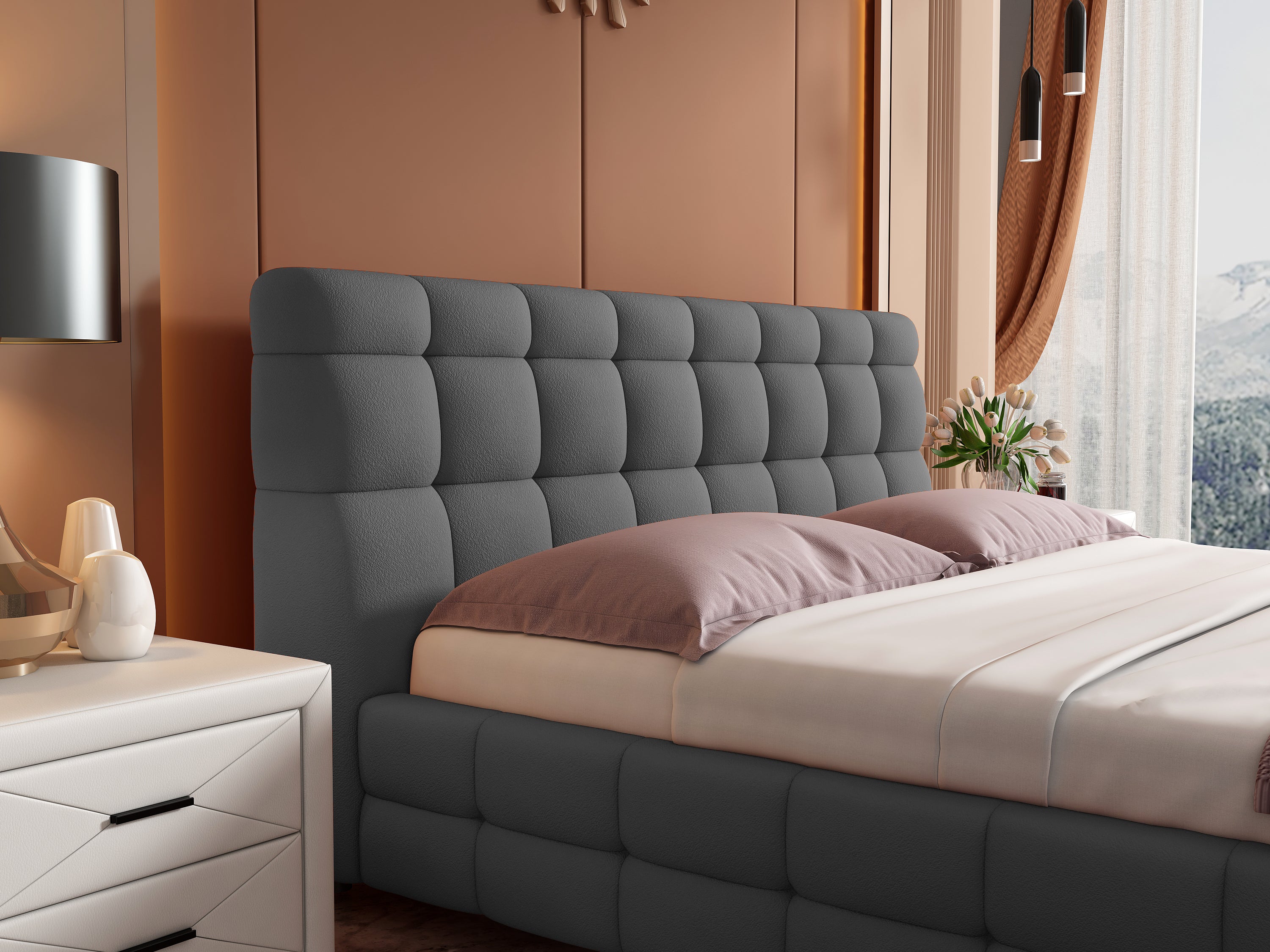 Object A158 Upholstered Bed Frame in Gray Boucle