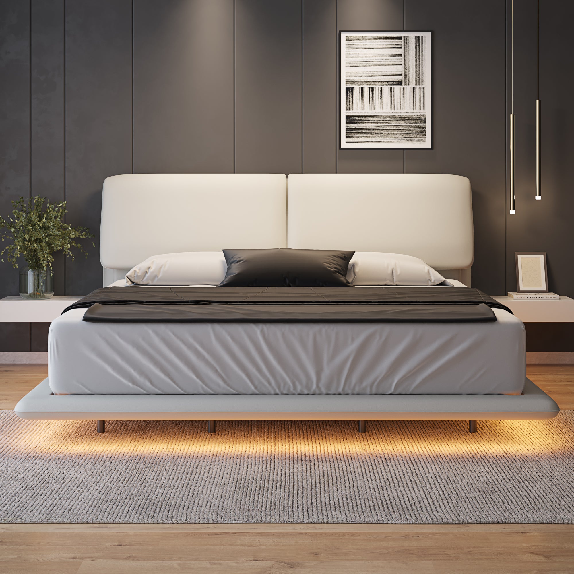 Object A170 Floating LED Bed Frame in Ivory White Top Grain Genuine Leather