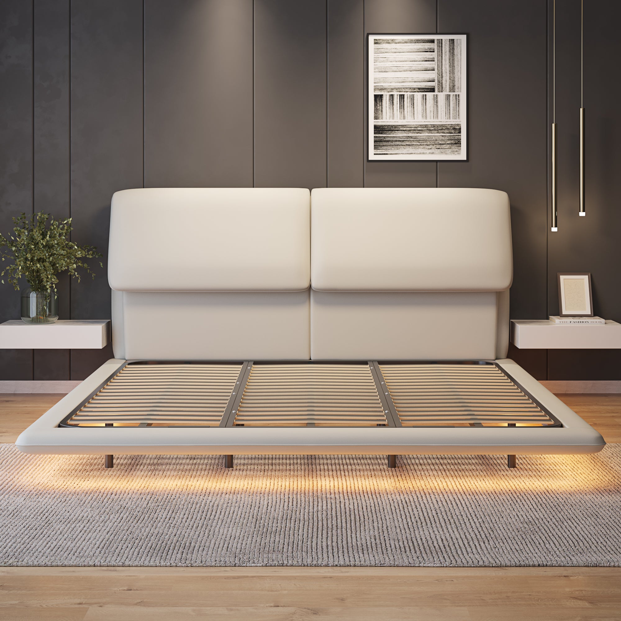 Object A170 Floating LED Bed Frame in Ivory White Top Grain Genuine Leather