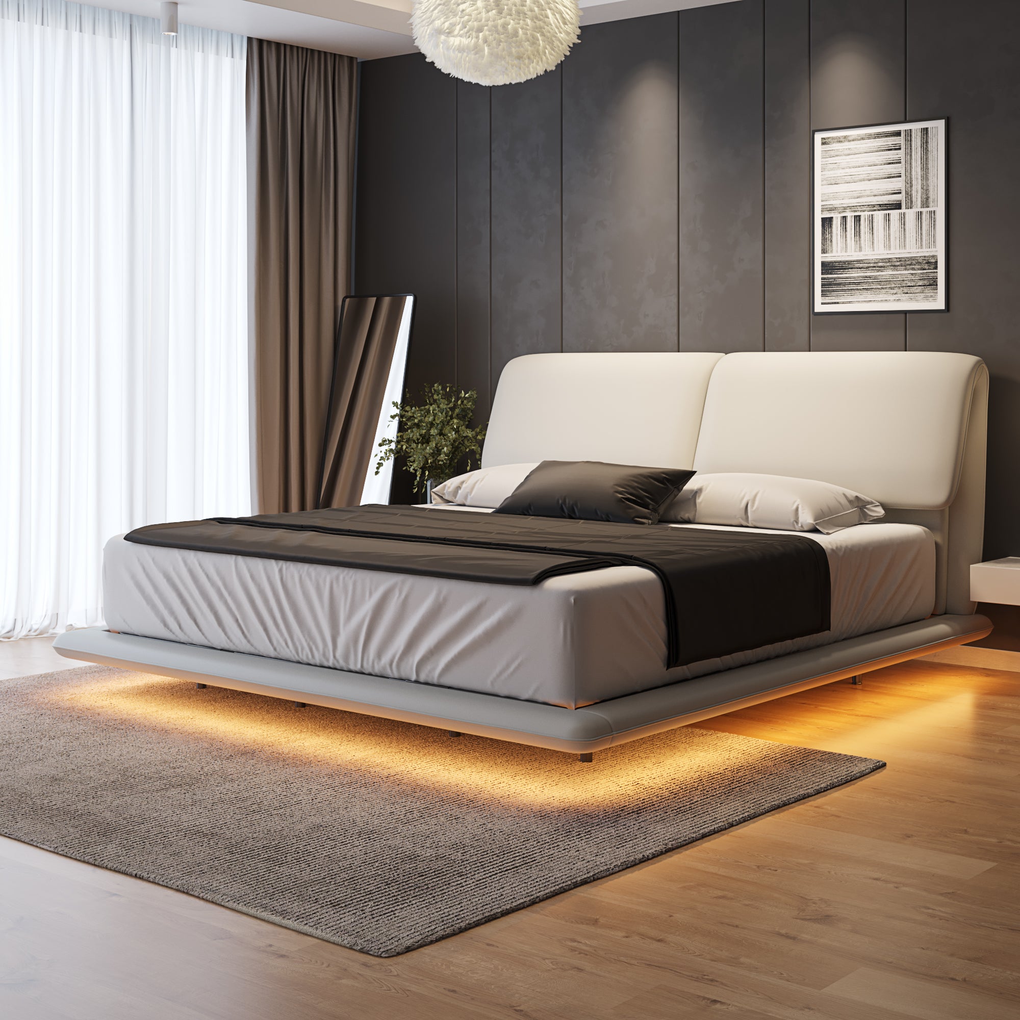 Object A170 Floating LED Bed Frame in Ivory White Top Grain Genuine Leather