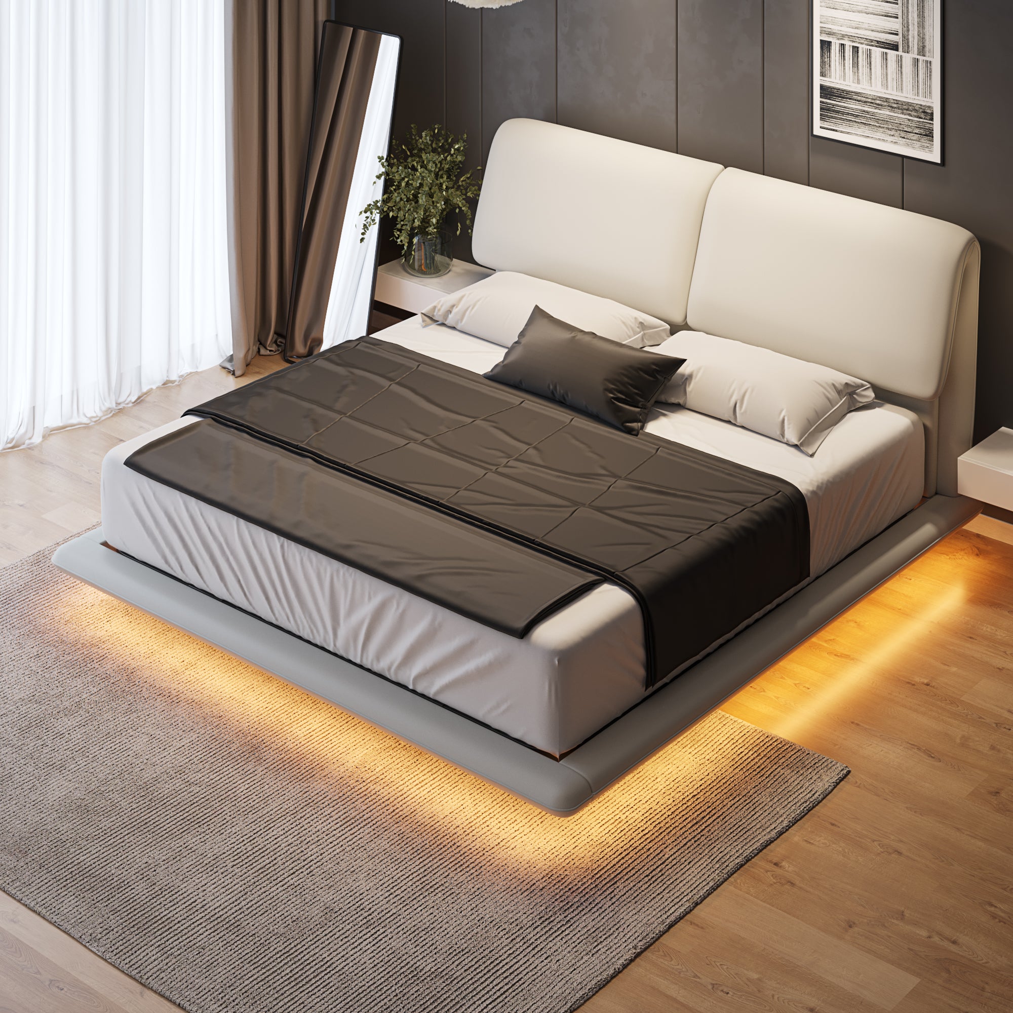 Object A170 Floating LED Bed Frame in Ivory White Top Grain Genuine Leather