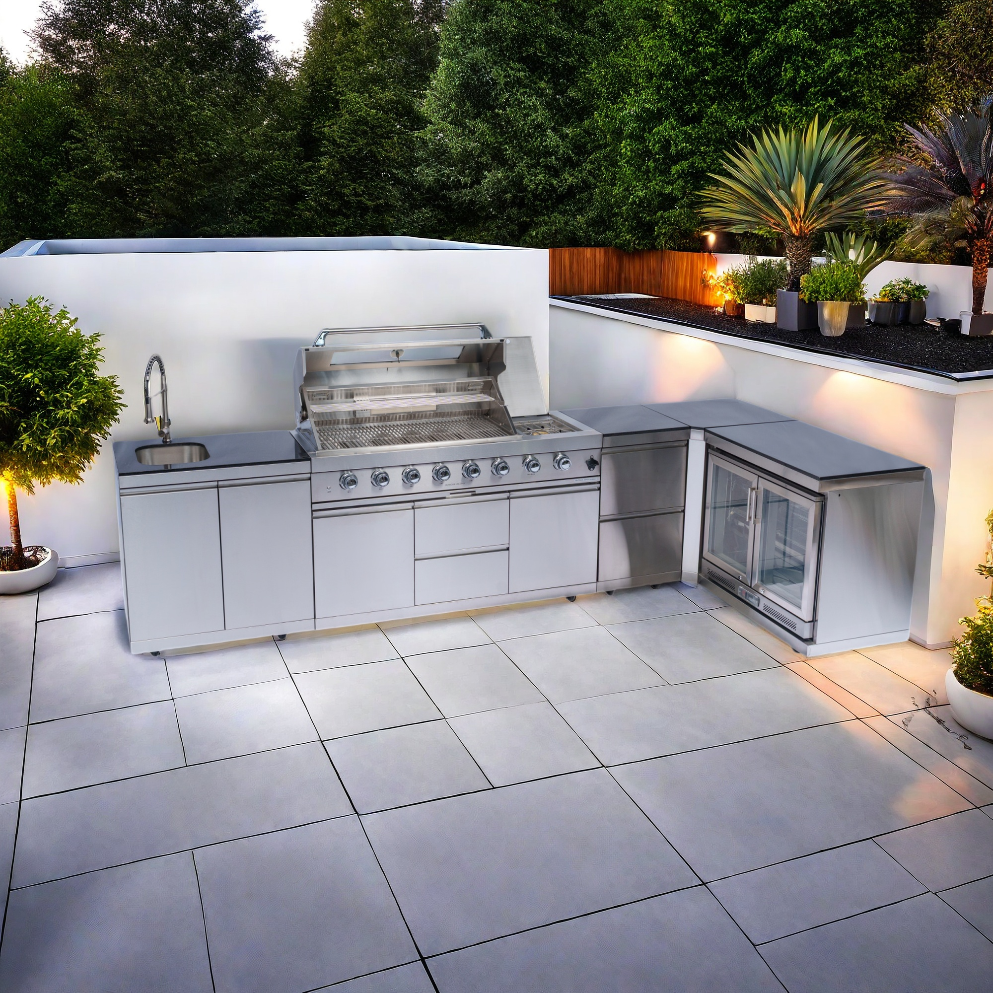 62-Inch 6-Burner 96000 BTU Deluxe Stainless Steel Gas Outdoor Kitchen Bar Barbecue Island Grill + Wine Cooler Compact Refrigerator + Rotisserie + Granite Countertops + Storage Cabinets & Drawers