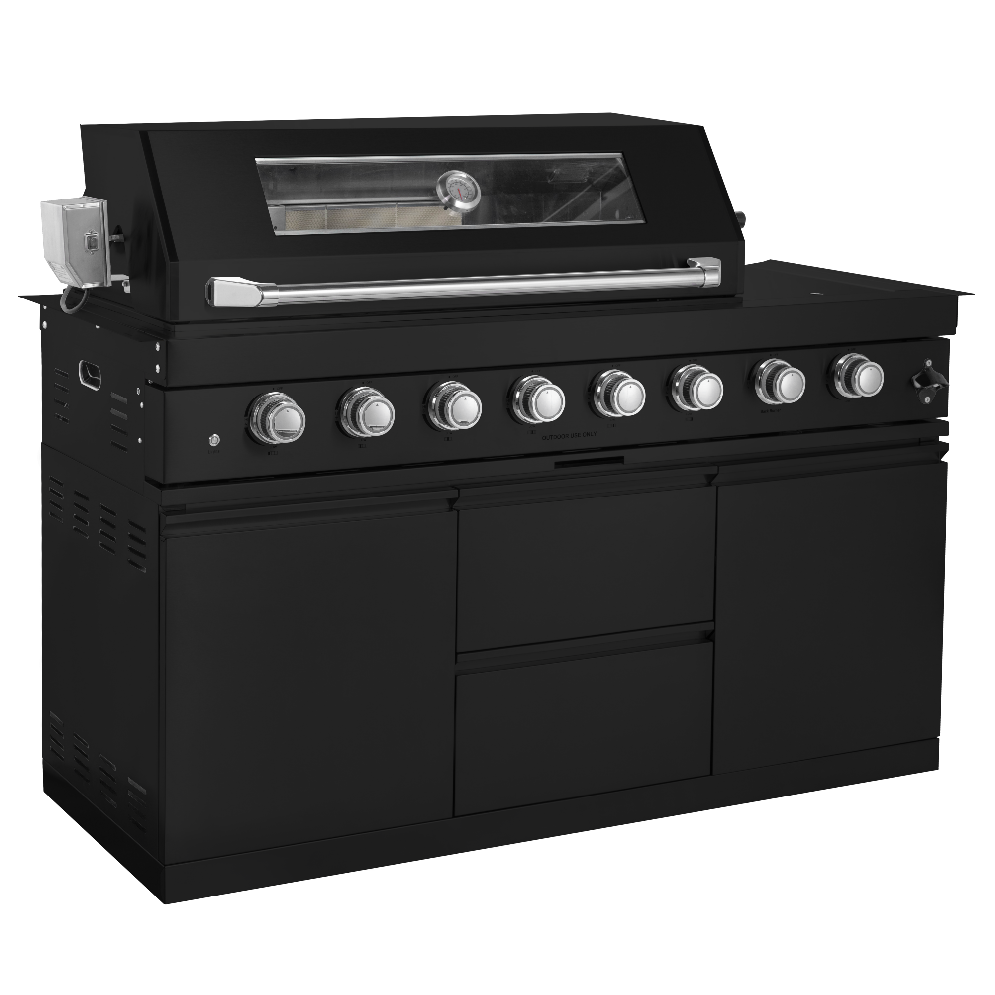 157-inch island with: 62-Inch 6-Burner 96000 BTU Deluxe Stainless Steel Gas Outdoor Kitchen Bar Barbecue Island Grill + Wine Cooler Compact Refrigerator + Rotisserie + Granite Countertops + Storage Cabinets & Drawers