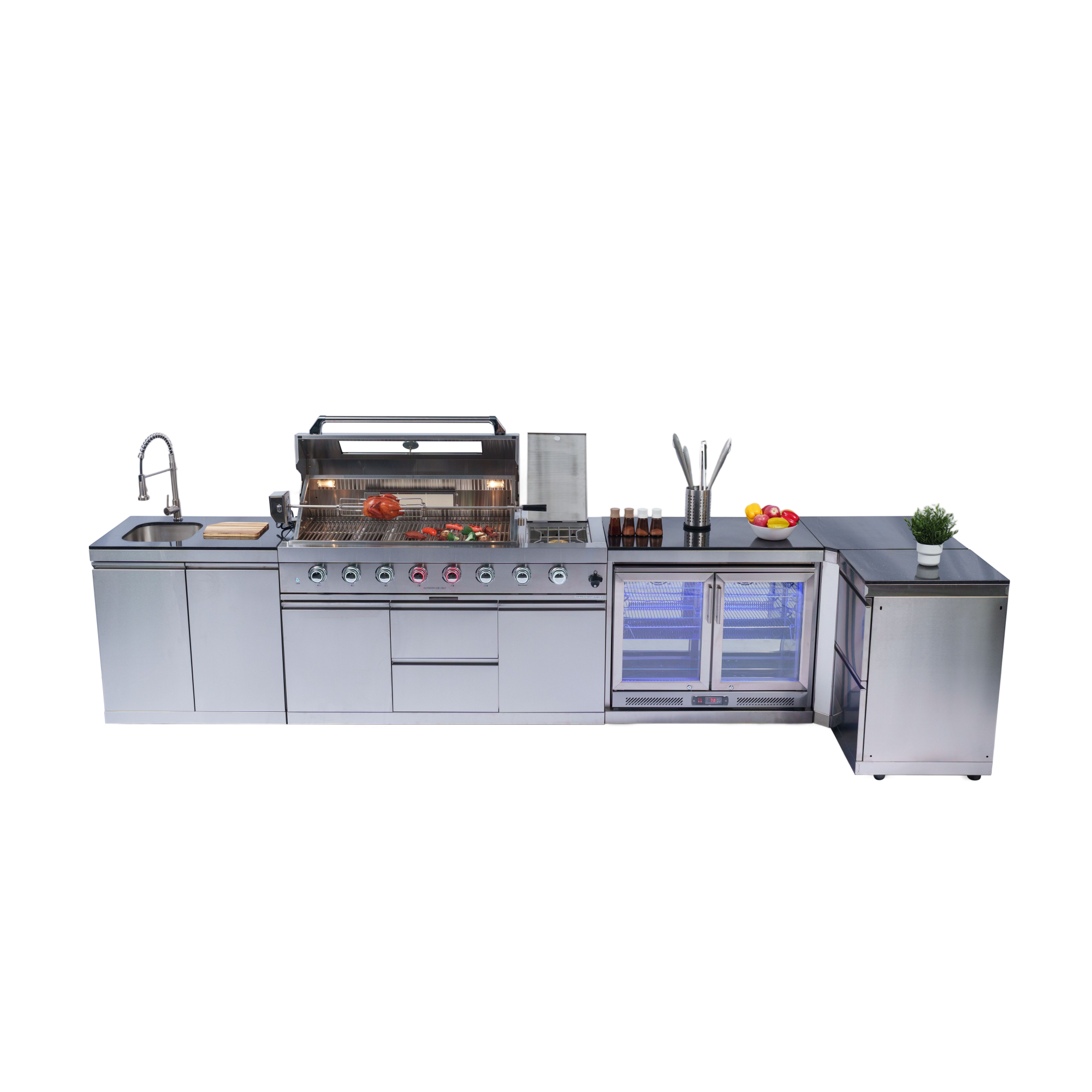 62-Inch 6-Burner 96000 BTU Deluxe Stainless Steel Gas Outdoor Kitchen Bar Barbecue Island Grill + Wine Cooler Compact Refrigerator + Rotisserie + Granite Countertops + Storage Cabinets & Drawers