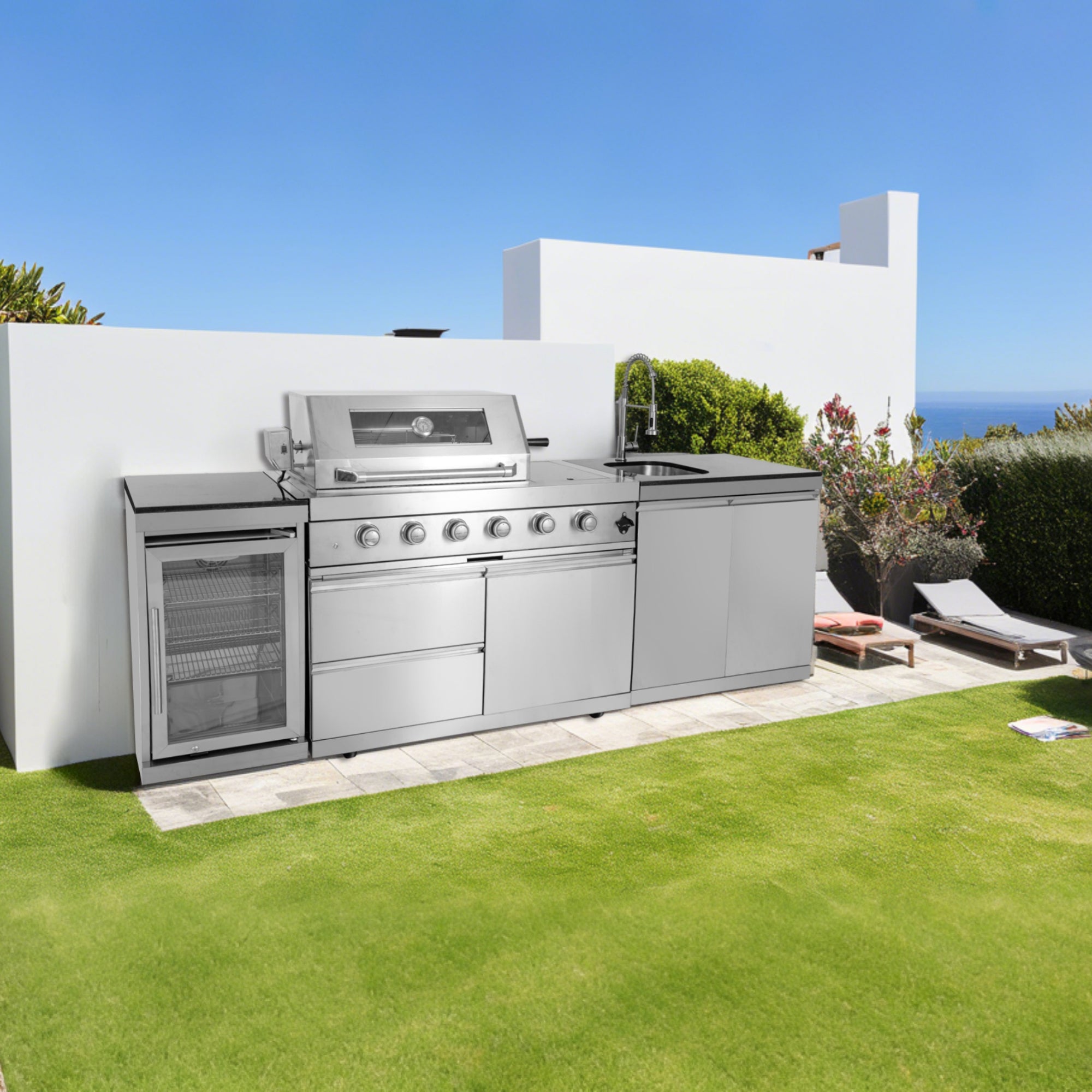 98-inch island with 46-Inch 4-Burner 72000 BTU Deluxe Stainless Steel Gas Outdoor Kitchen Bar Barbecue Island Grill + Wine Cooler Compact Refrigerator + Rotisserie + Granite Countertops + Storage Cabinets & Drawers