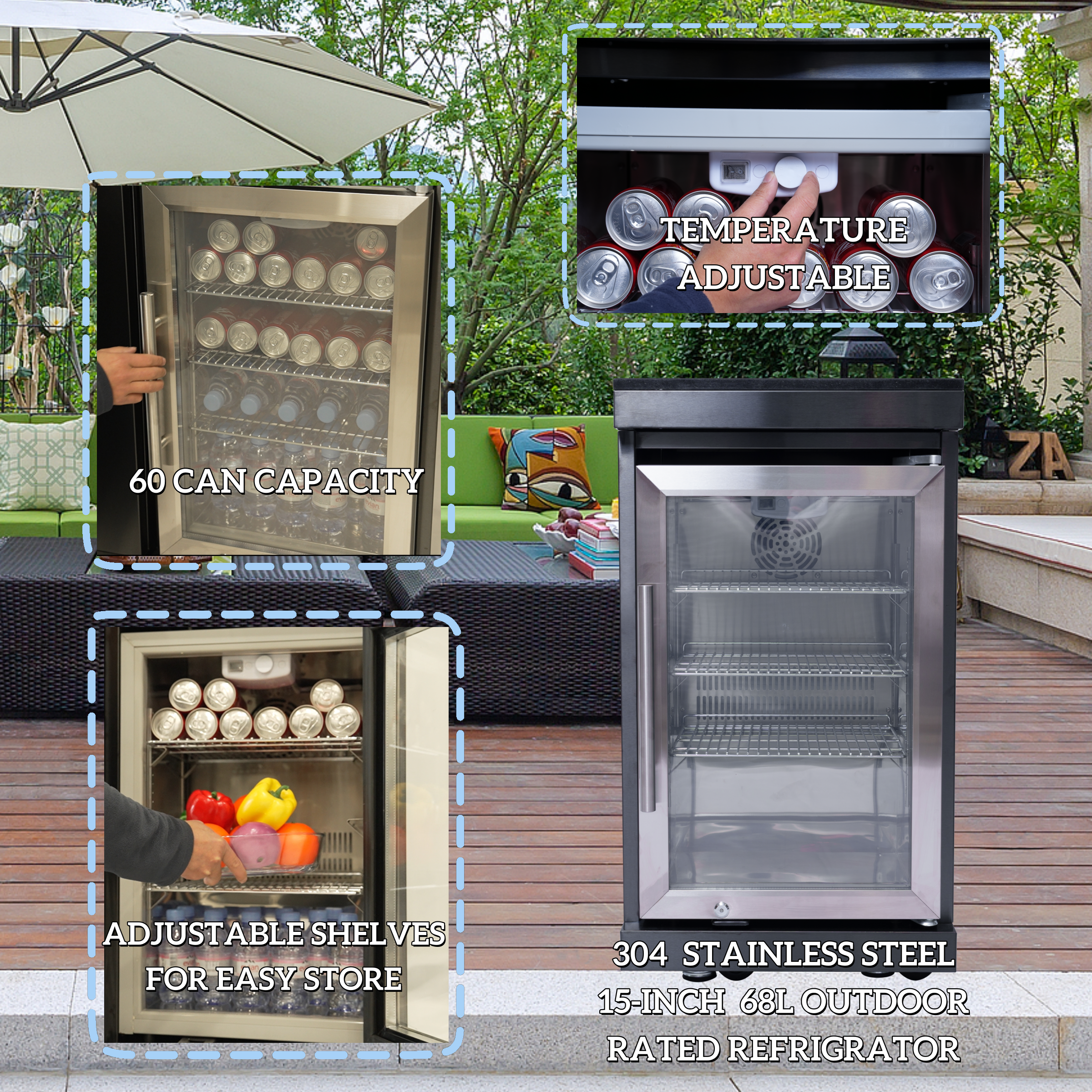 98-inch island with: 46-Inch 4-Burner 72000 BTU Deluxe Stainless Steel Gas Outdoor Kitchen Bar Barbecue Island Grill + Wine Cooler Compact Refrigerator + Rotisserie kit + Granite Countertops + Stainless steel Sink