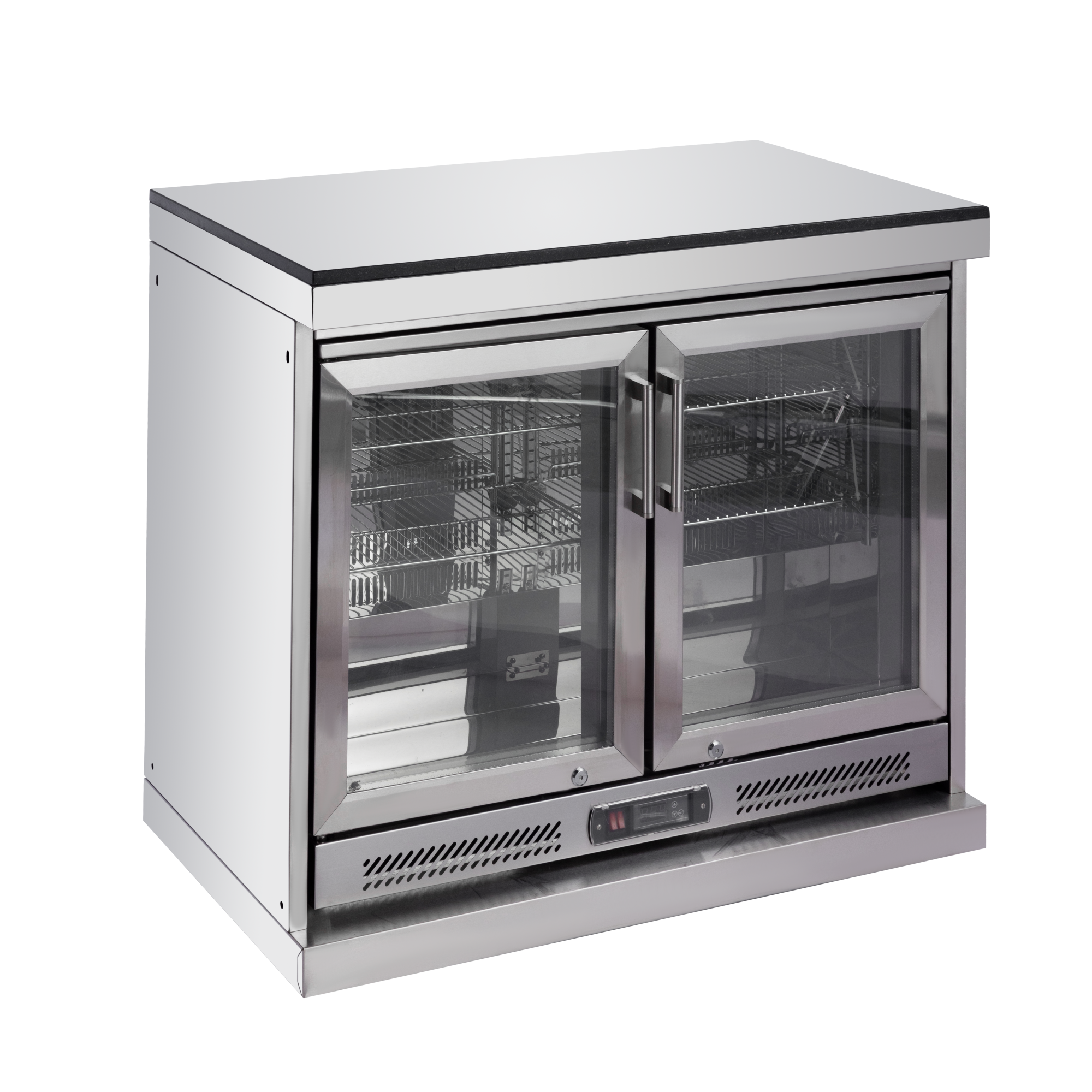 62-Inch 6-Burner 96000 BTU Deluxe Stainless Steel Gas Outdoor Kitchen Bar Barbecue Island Grill + Wine Cooler Compact Refrigerator + Rotisserie + Granite Countertops + Storage Cabinets & Drawers