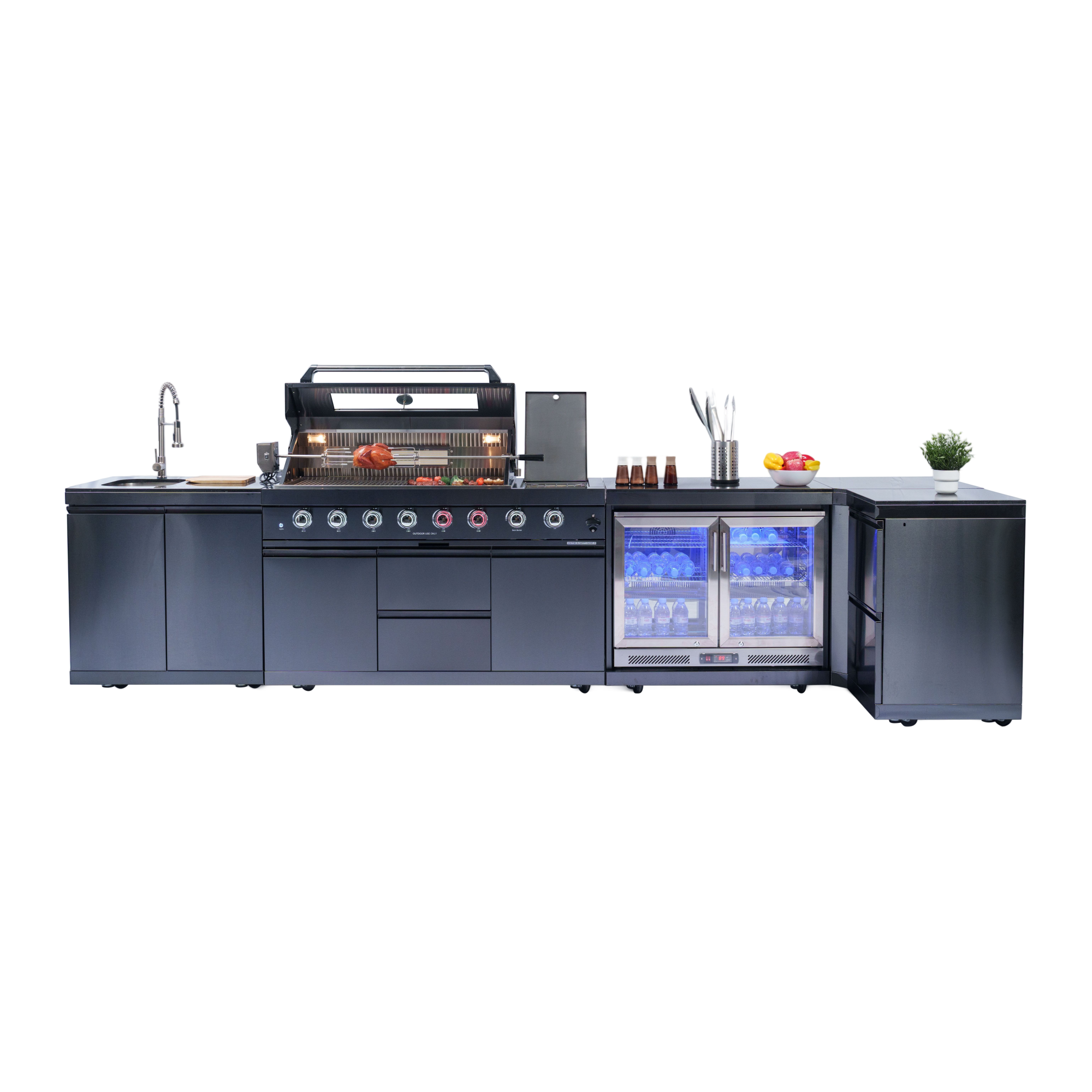 157-inch island with: 62-Inch 6-Burner 96000 BTU Deluxe Stainless Steel Gas Outdoor Kitchen Bar Barbecue Island Grill + Wine Cooler Compact Refrigerator + Rotisserie + Granite Countertops + Storage Cabinets & Drawers