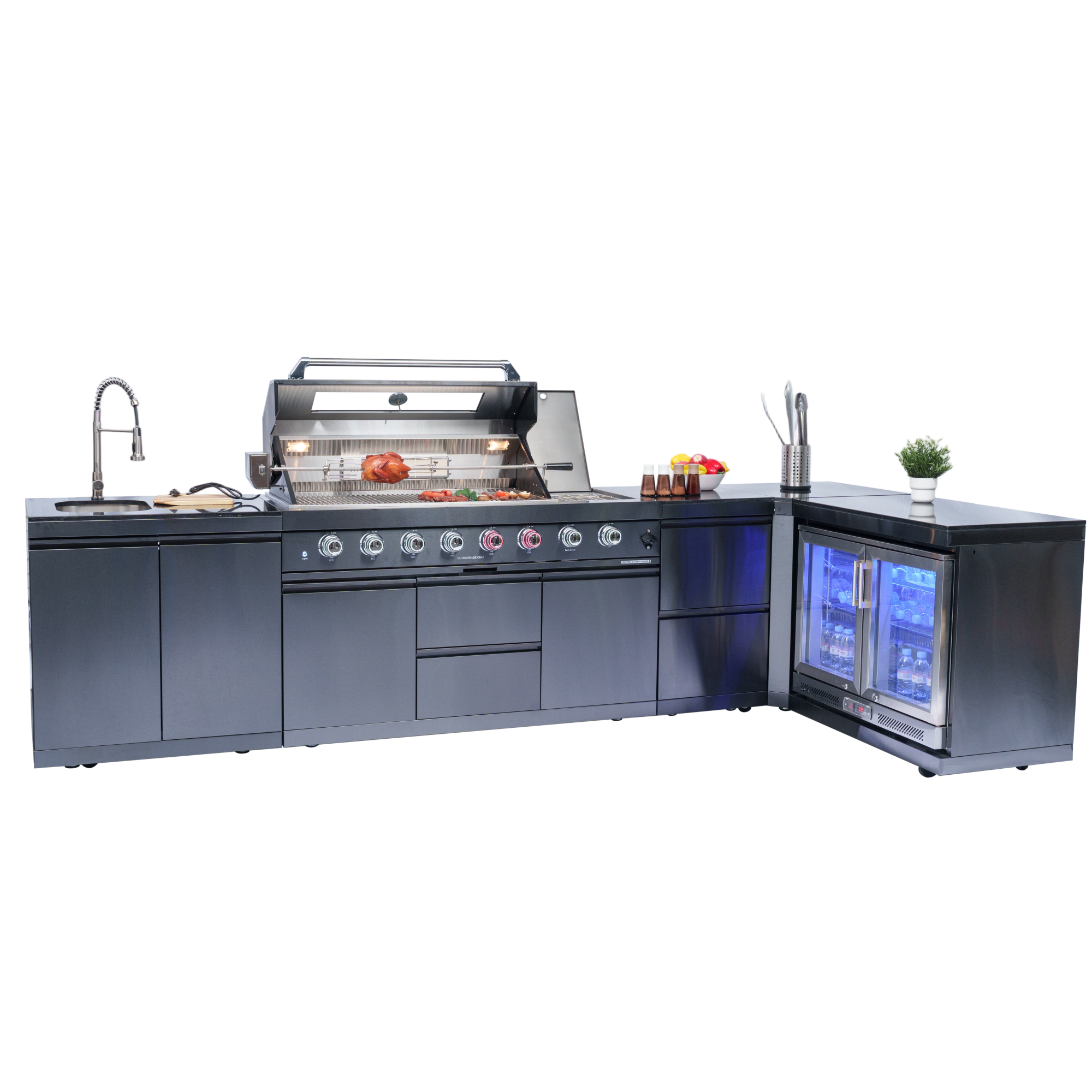 157-inch island with: 62-Inch 6-Burner 96000 BTU Deluxe Stainless Steel Gas Outdoor Kitchen Bar Barbecue Island Grill + Wine Cooler Compact Refrigerator + Rotisserie + Granite Countertops + Storage Cabinets & Drawers