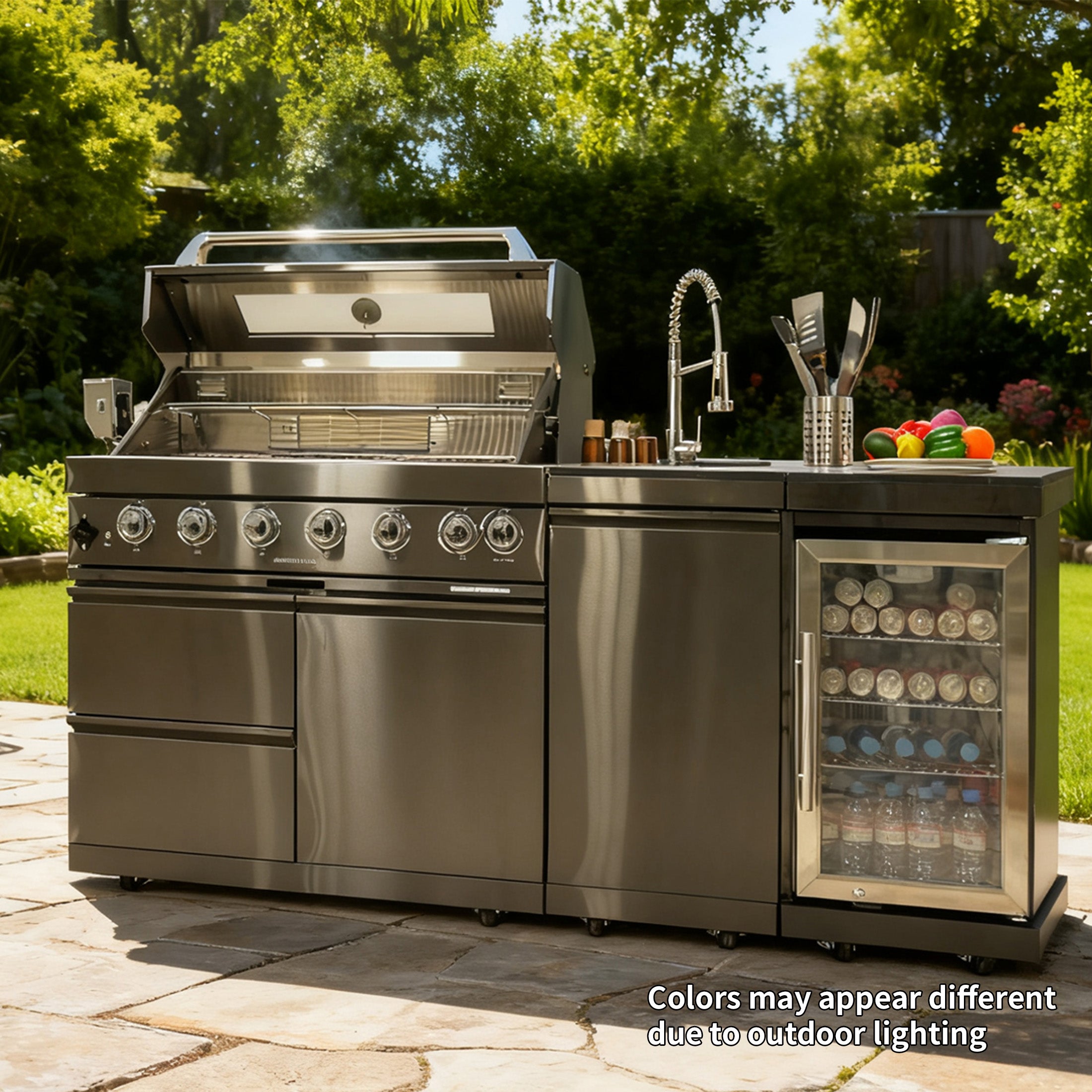 43-Inch 6-Burner 85000 BTU Deluxe Stainless Steel Gas Outdoor Kitchen Bar Barbecue Island Grill + Wine Cooler Compact Refrigerator + Rotisserie kit + Granite Countertops + Stainless steel Sink
