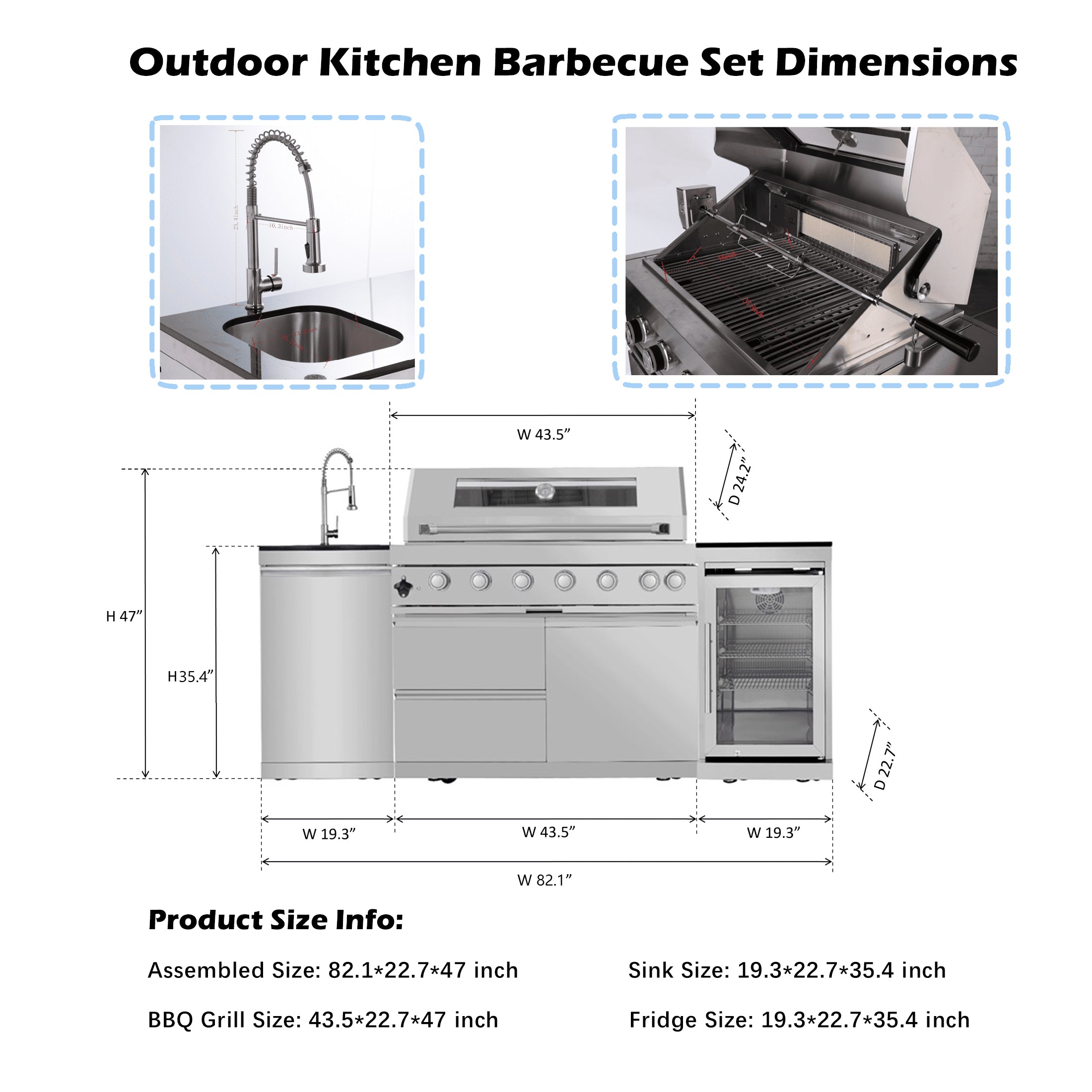 44-Inch 6-Burner 85000 BTU Deluxe Stainless Steel Gas Outdoor Kitchen Bar Barbecue Island Grill + Wine Cooler Compact Refrigerator + Rotisserie + Granite Countertops + Storage Cabinets & Drawers