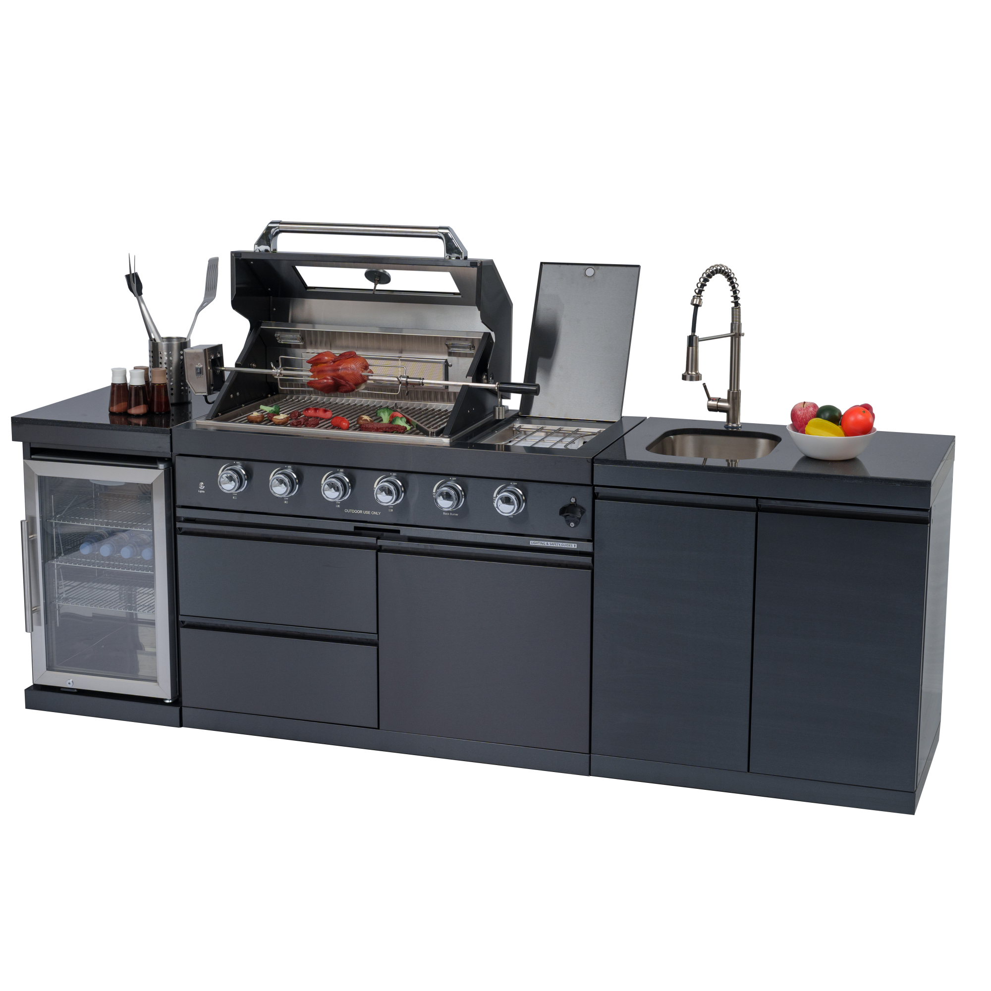 98-inch island with: 46-Inch 4-Burner 72000 BTU Deluxe Stainless Steel Gas Outdoor Kitchen Bar Barbecue Island Grill + Wine Cooler Compact Refrigerator + Rotisserie kit + Granite Countertops + Stainless steel Sink
