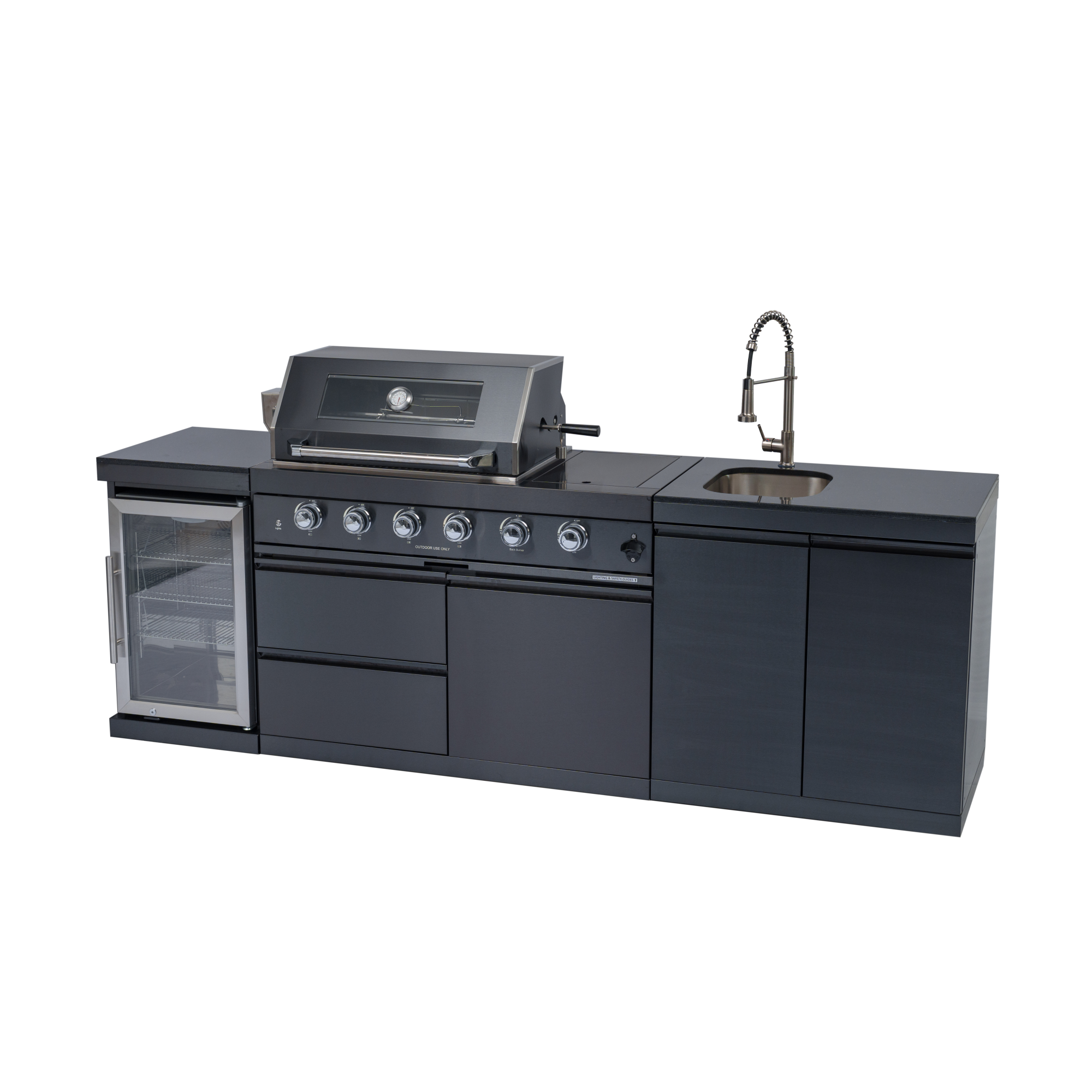 98-inch island with: 46-Inch 4-Burner 72000 BTU Deluxe Stainless Steel Gas Outdoor Kitchen Bar Barbecue Island Grill + Wine Cooler Compact Refrigerator + Rotisserie kit + Granite Countertops + Stainless steel Sink