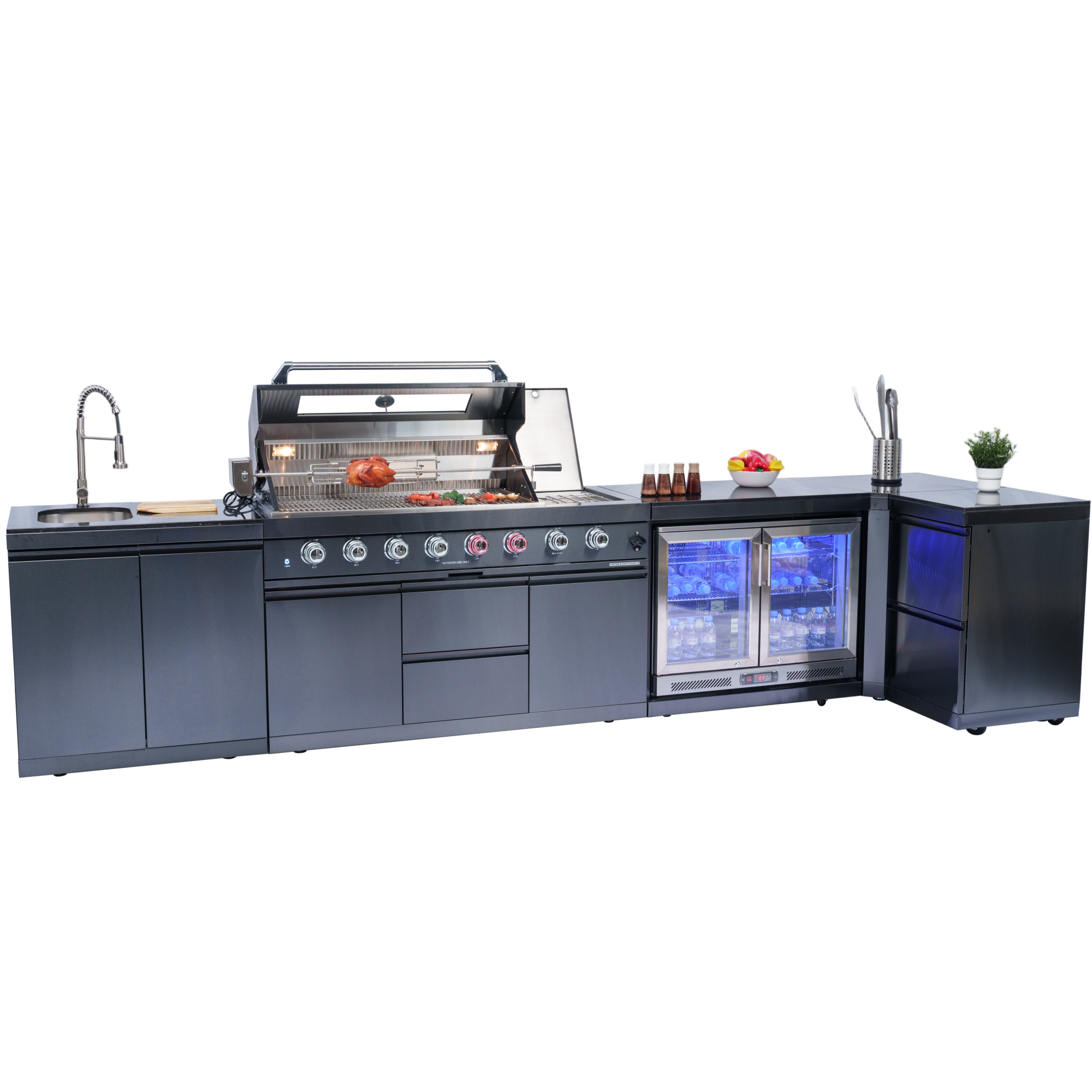 157-inch island with: 62-Inch 6-Burner 96000 BTU Deluxe Stainless Steel Gas Outdoor Kitchen Bar Barbecue Island Grill + Wine Cooler Compact Refrigerator + Rotisserie + Granite Countertops + Storage Cabinets & Drawers