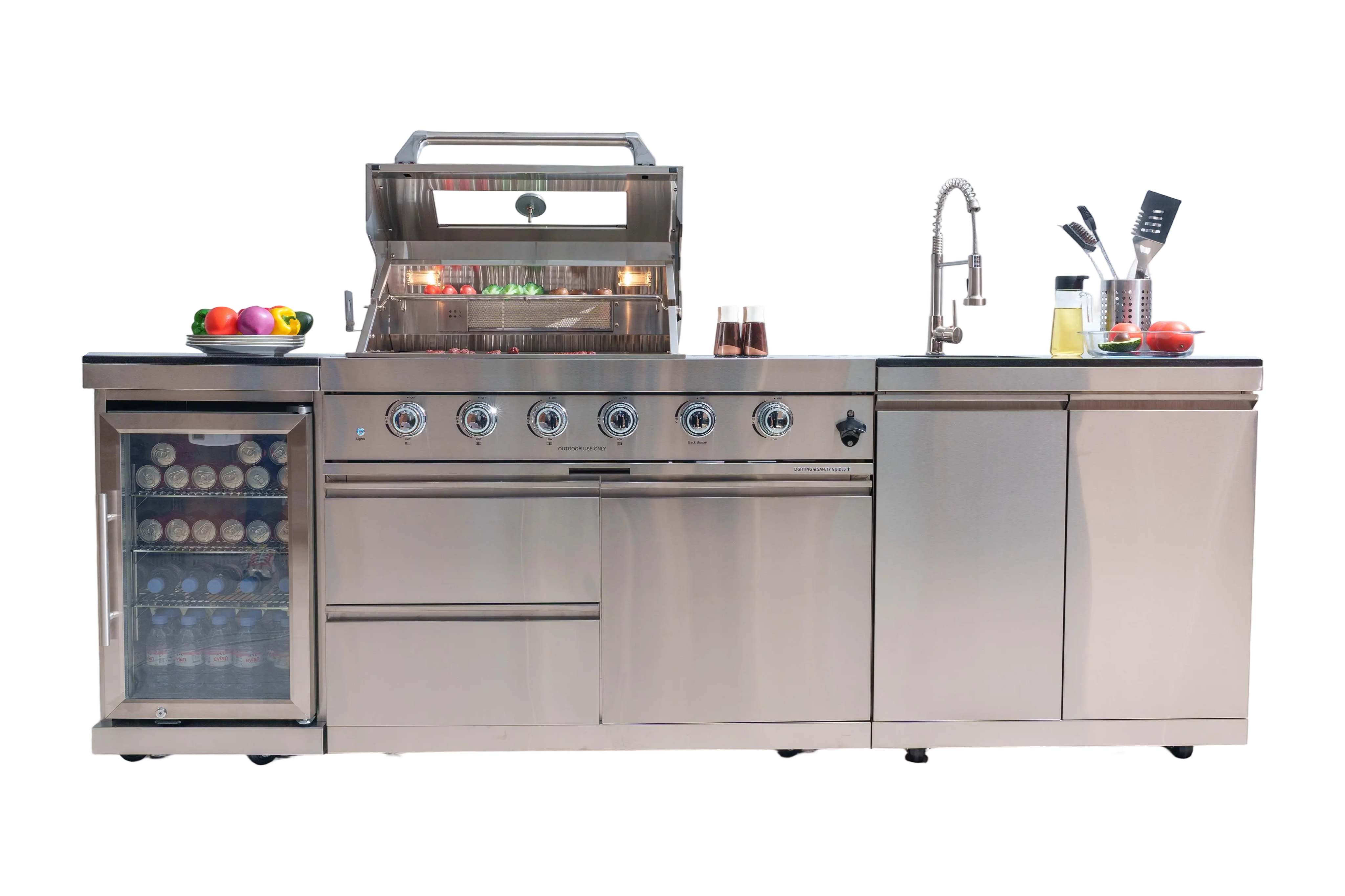 98-inch island with 46-Inch 4-Burner 72000 BTU Deluxe Stainless Steel Gas Outdoor Kitchen Bar Barbecue Island Grill + Wine Cooler Compact Refrigerator + Rotisserie + Granite Countertops + Storage Cabinets & Drawers