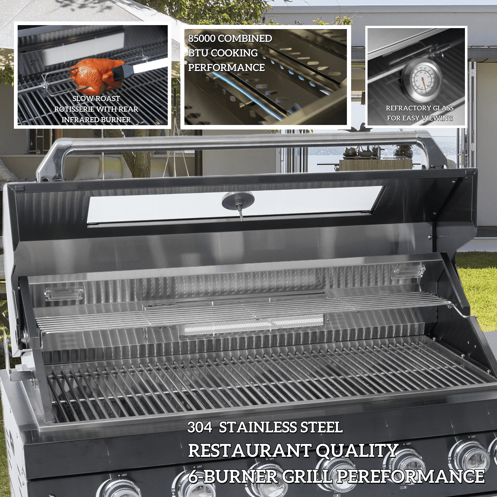 44-Inch 6-Burner 85000 BTU Deluxe Stainless Steel Gas Outdoor Kitchen Bar Barbecue Island Grill + Wine Cooler Compact Refrigerator + Rotisserie + Granite Countertops + Storage Cabinets & Drawers