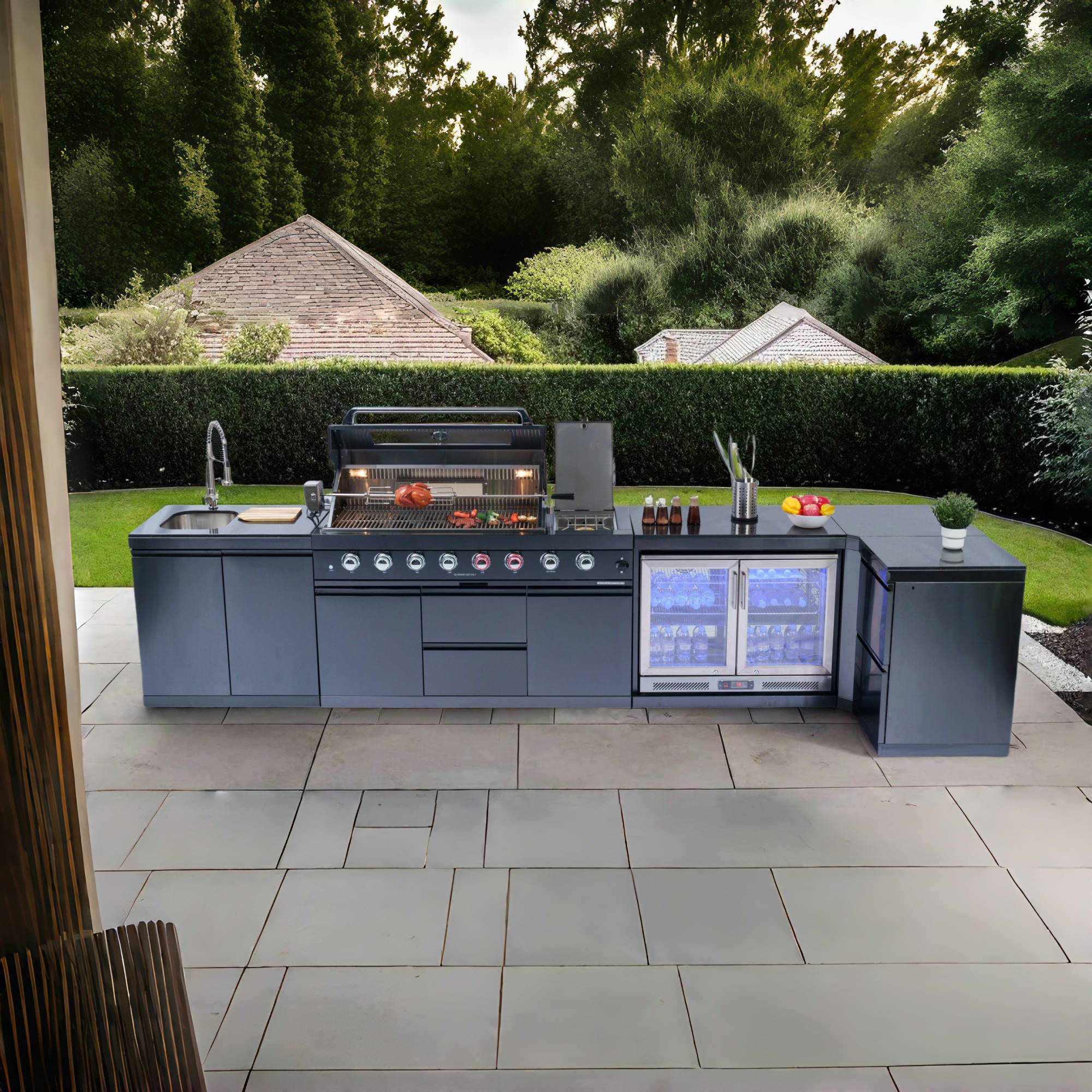 157-inch island with: 62-Inch 6-Burner 96000 BTU Deluxe Stainless Steel Gas Outdoor Kitchen Bar Barbecue Island Grill + Wine Cooler Compact Refrigerator + Rotisserie + Granite Countertops + Storage Cabinets & Drawers