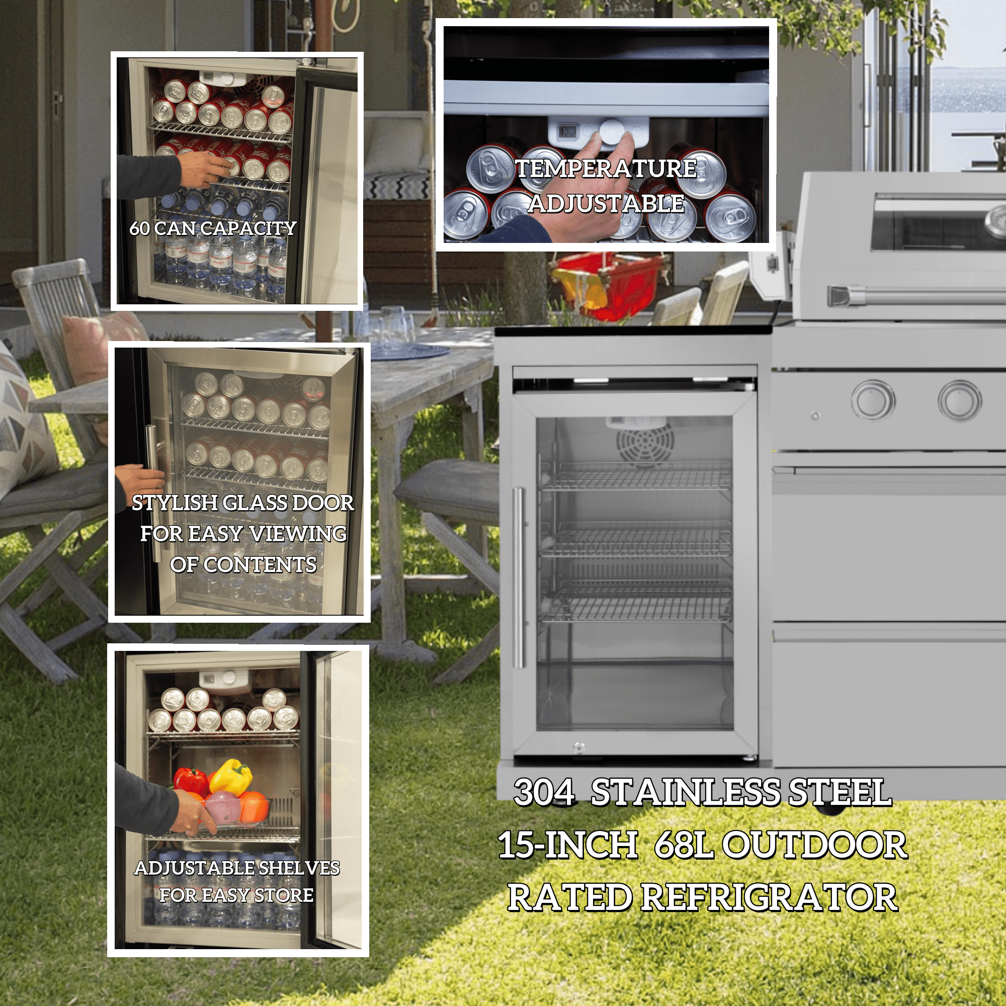44-Inch 6-Burner 85000 BTU Deluxe Stainless Steel Gas Outdoor Kitchen Bar Barbecue Island Grill + Wine Cooler Compact Refrigerator + Rotisserie + Granite Countertops + Storage Cabinets & Drawers