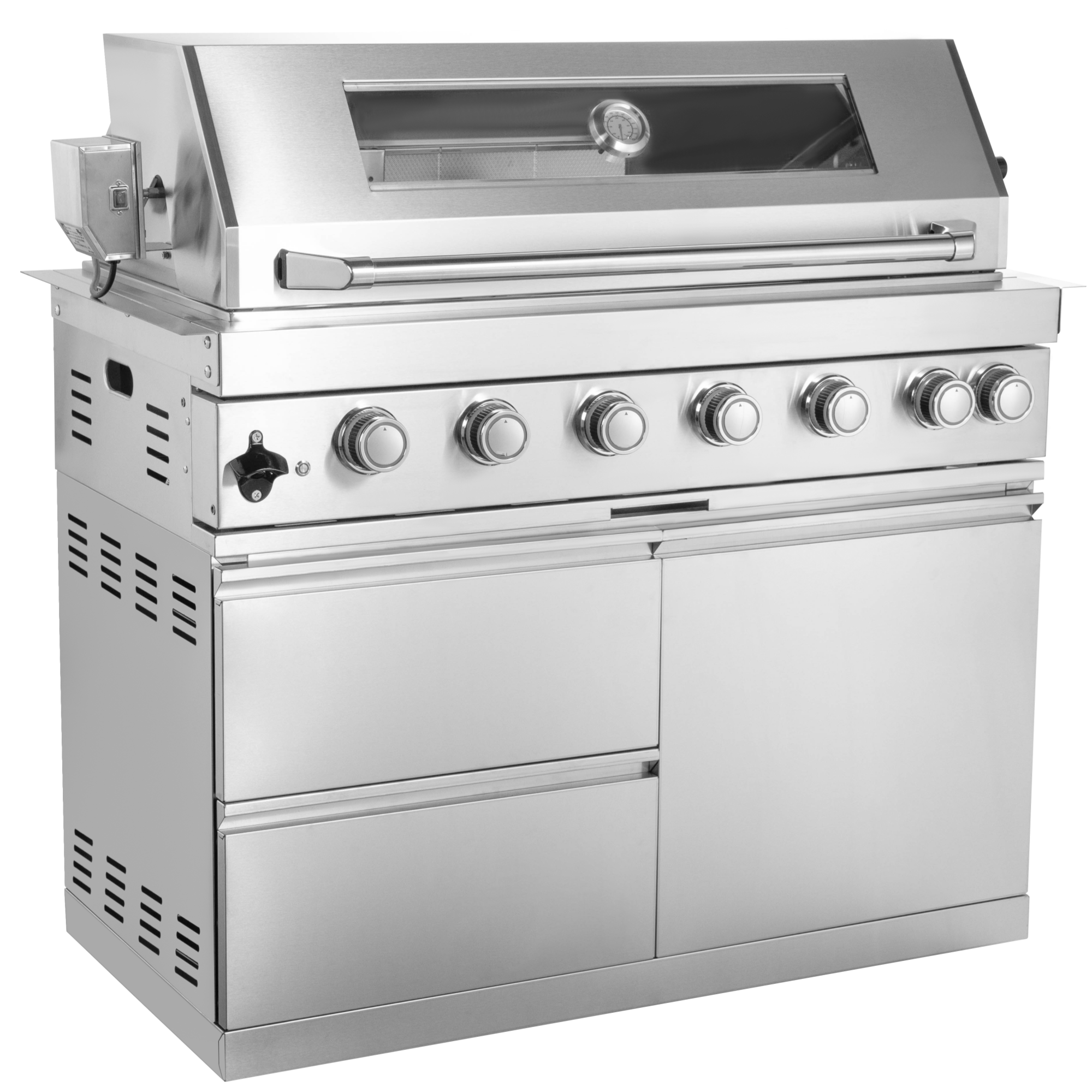44-Inch 6-Burner 85000 BTU Deluxe Stainless Steel Gas Outdoor Kitchen Bar Barbecue Island Grill + Wine Cooler Compact Refrigerator + Rotisserie + Granite Countertops + Storage Cabinets & Drawers