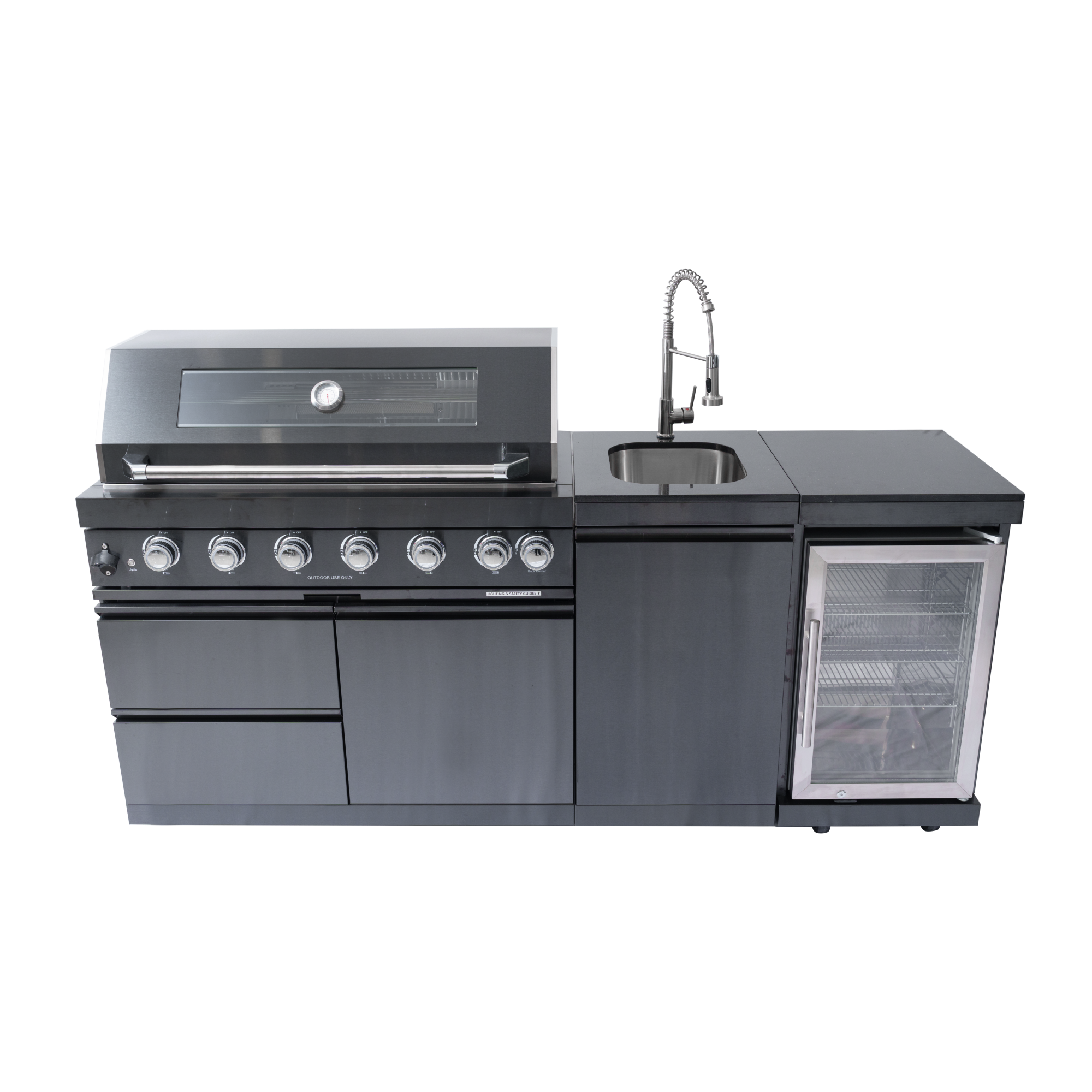 43-Inch 6-Burner 85000 BTU Deluxe Stainless Steel Gas Outdoor Kitchen Bar Barbecue Island Grill + Wine Cooler Compact Refrigerator + Rotisserie kit + Granite Countertops + Stainless steel Sink