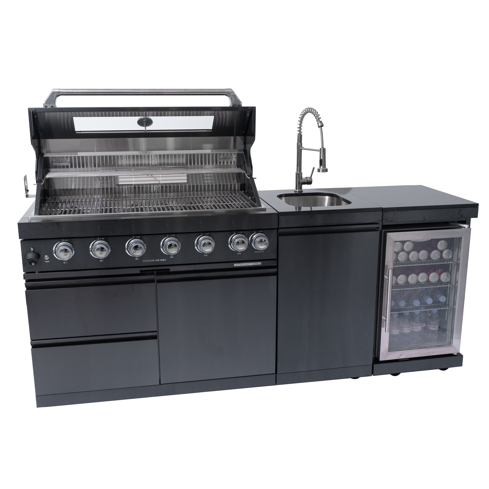 43-Inch 6-Burner 85000 BTU Deluxe Stainless Steel Gas Outdoor Kitchen Bar Barbecue Island Grill + Wine Cooler Compact Refrigerator + Rotisserie kit + Granite Countertops + Stainless steel Sink