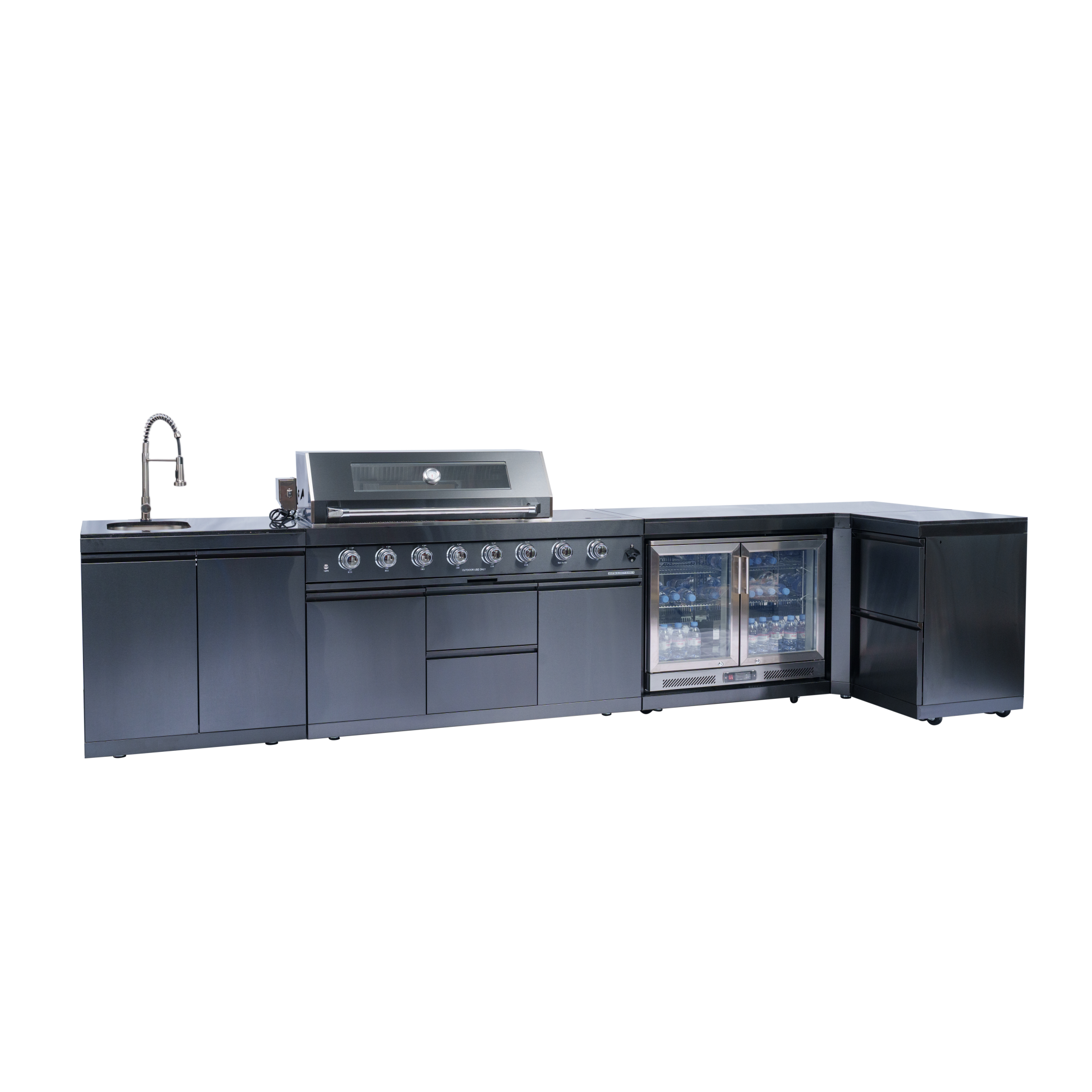 157-inch island with: 62-Inch 6-Burner 96000 BTU Deluxe Stainless Steel Gas Outdoor Kitchen Bar Barbecue Island Grill + Wine Cooler Compact Refrigerator + Rotisserie + Granite Countertops + Storage Cabinets & Drawers